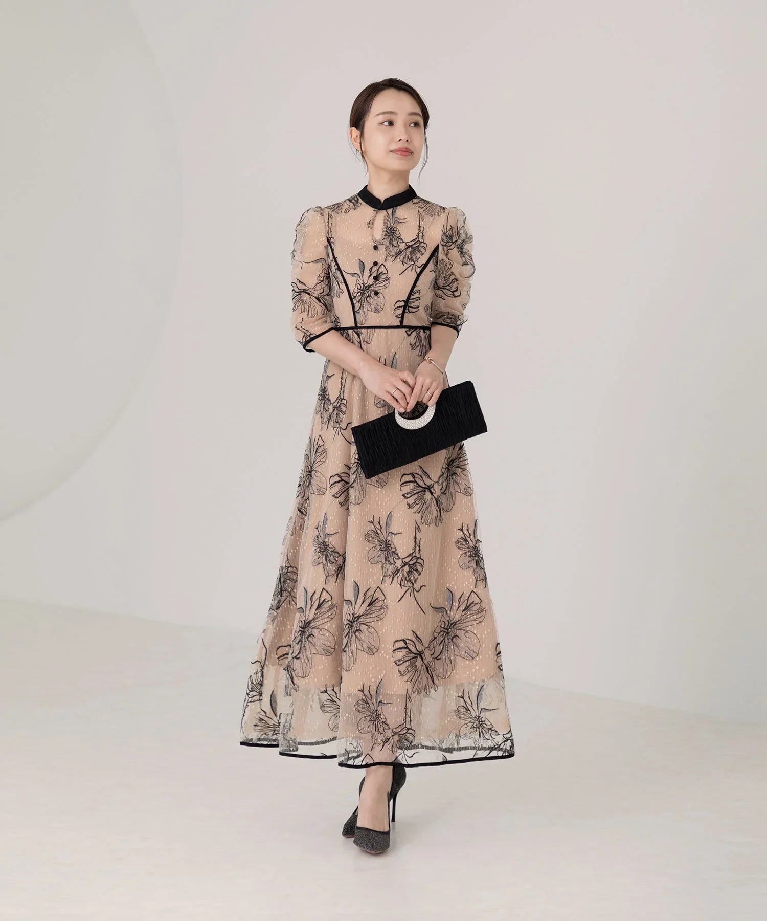 【当日発送】パイピングハイネック花柄ラメレースワンピースドレス