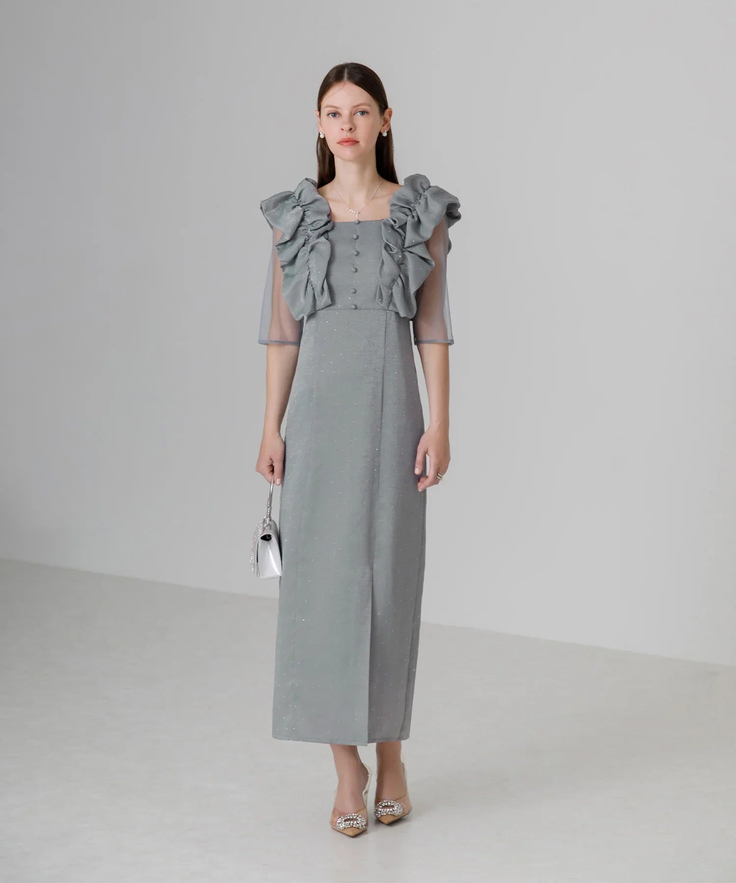 【当日発送】フリルショルダーストーンIラインワンピースドレス