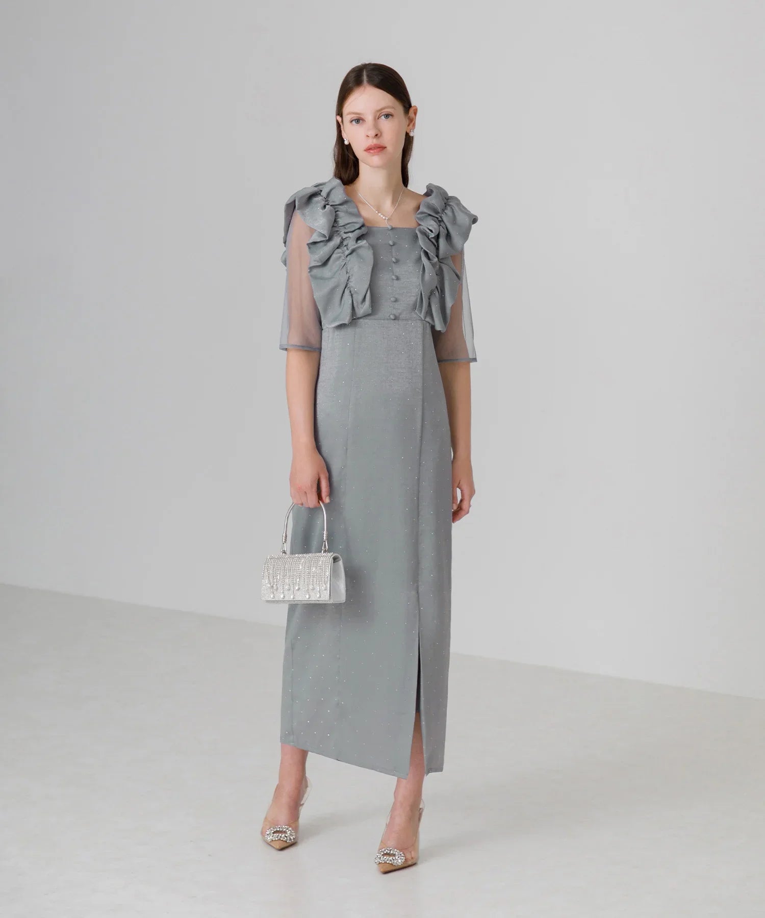 【当日発送】フリルショルダーストーンIラインワンピースドレス