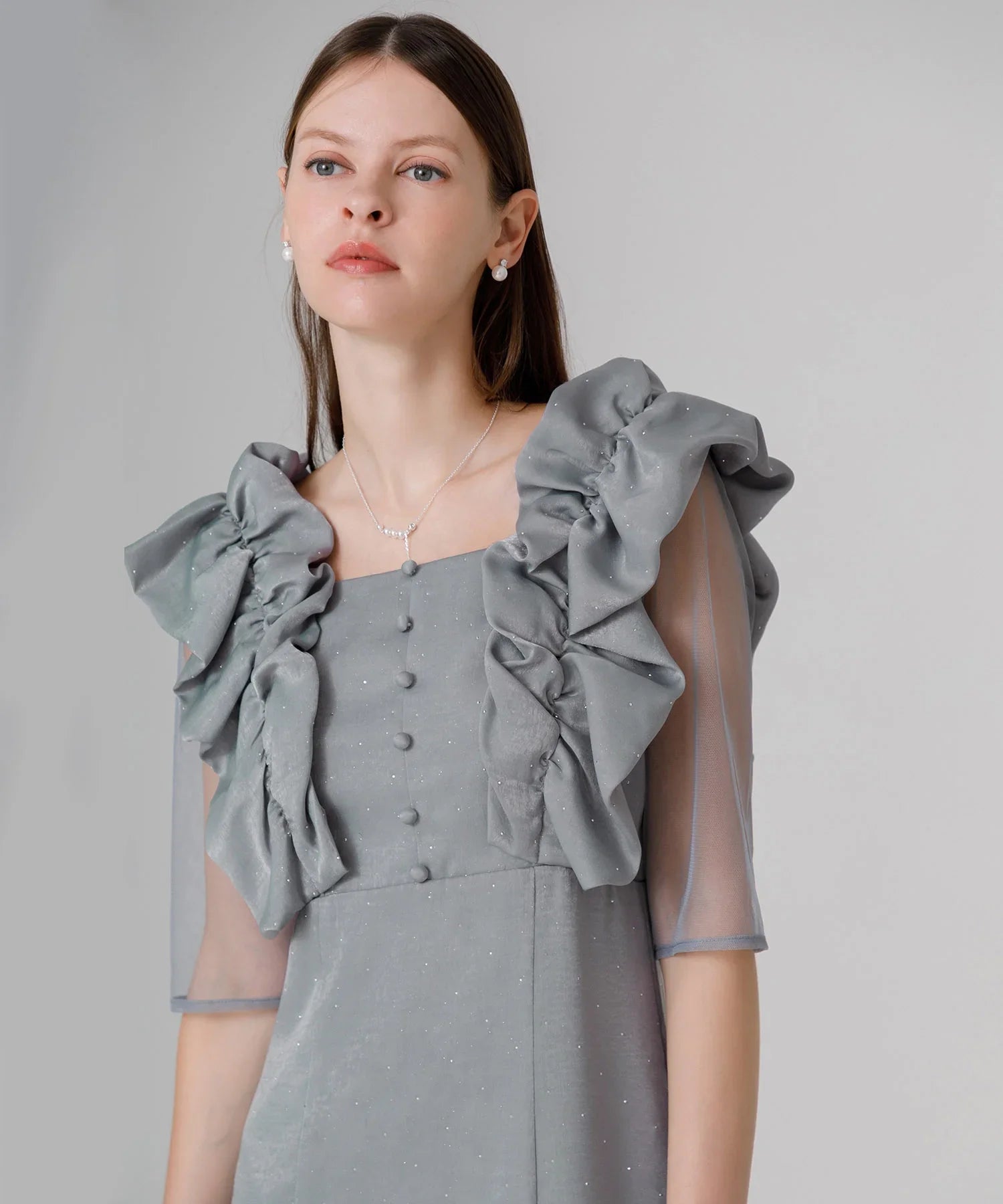 【当日発送】フリルショルダーストーンIラインワンピースドレス