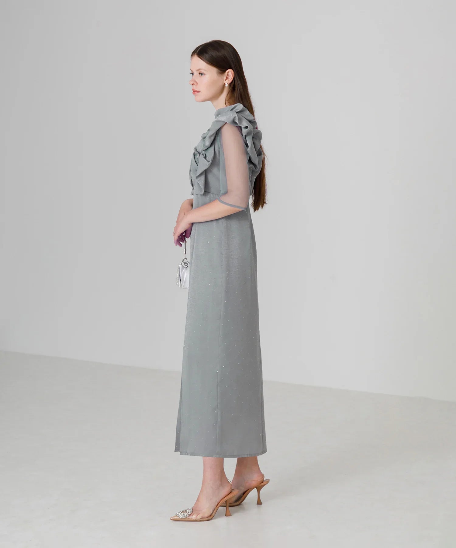 【当日発送】フリルショルダーストーンIラインワンピースドレス