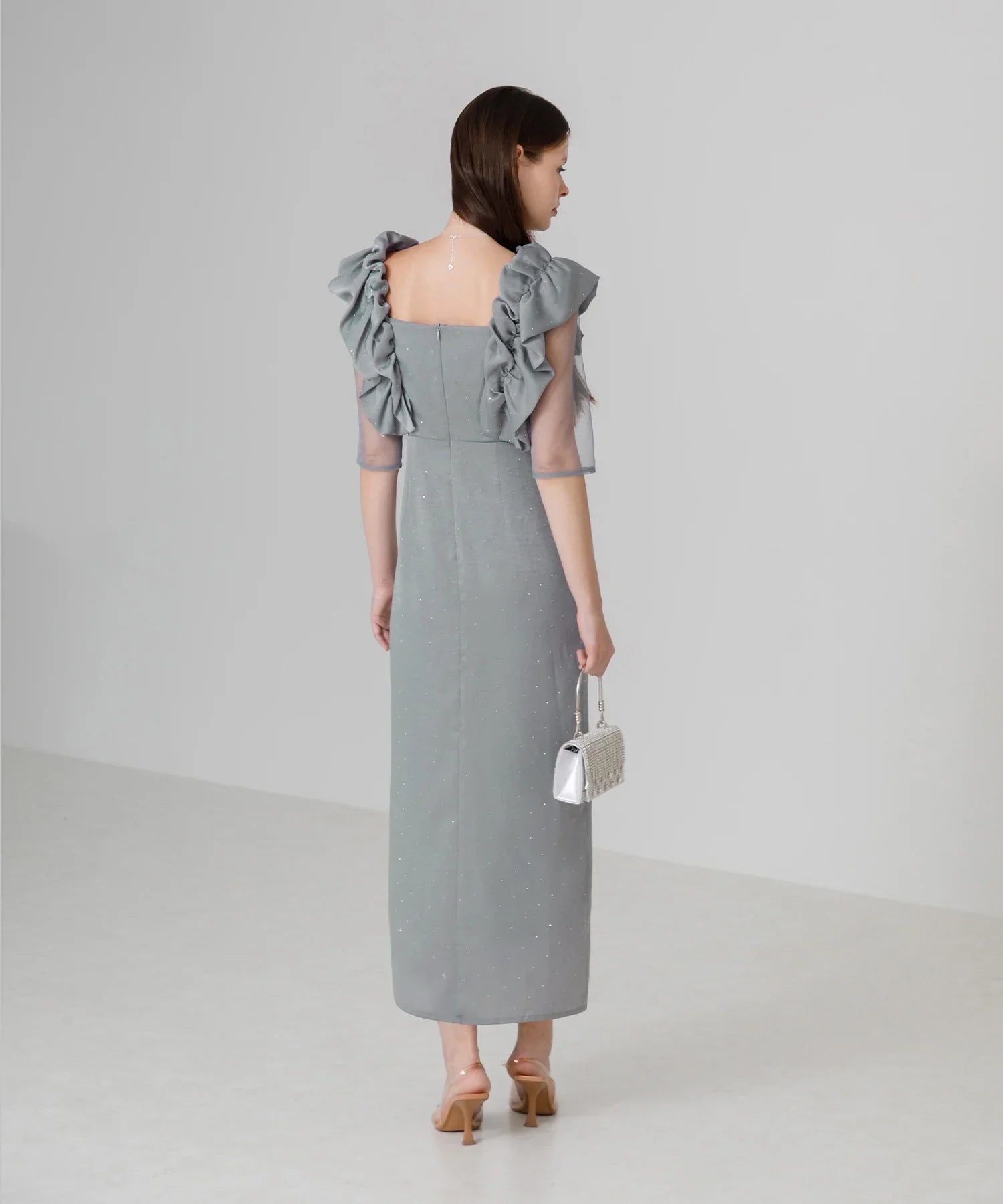 【当日発送】フリルショルダーストーンIラインワンピースドレス