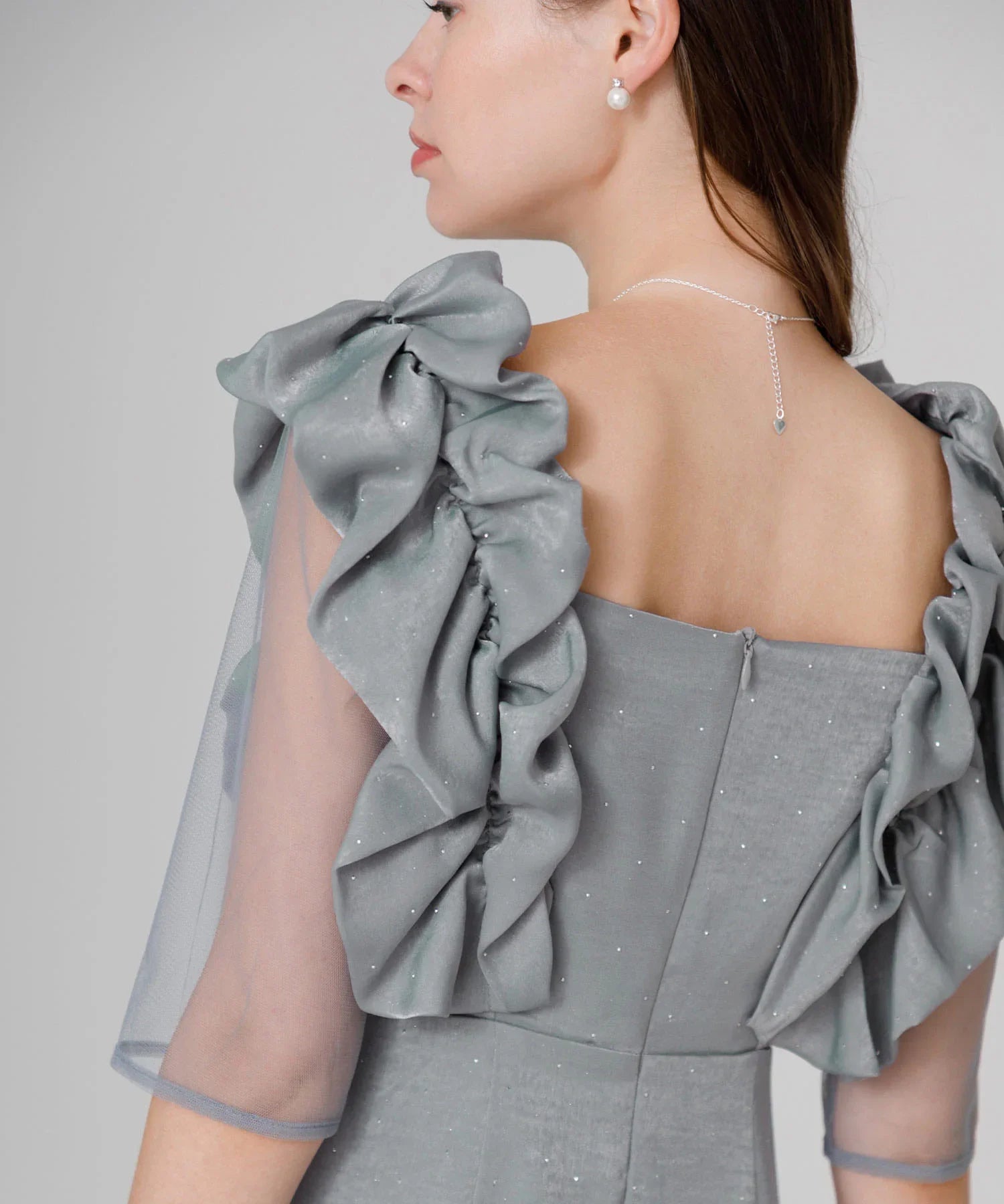 【当日発送】フリルショルダーストーンIラインワンピースドレス