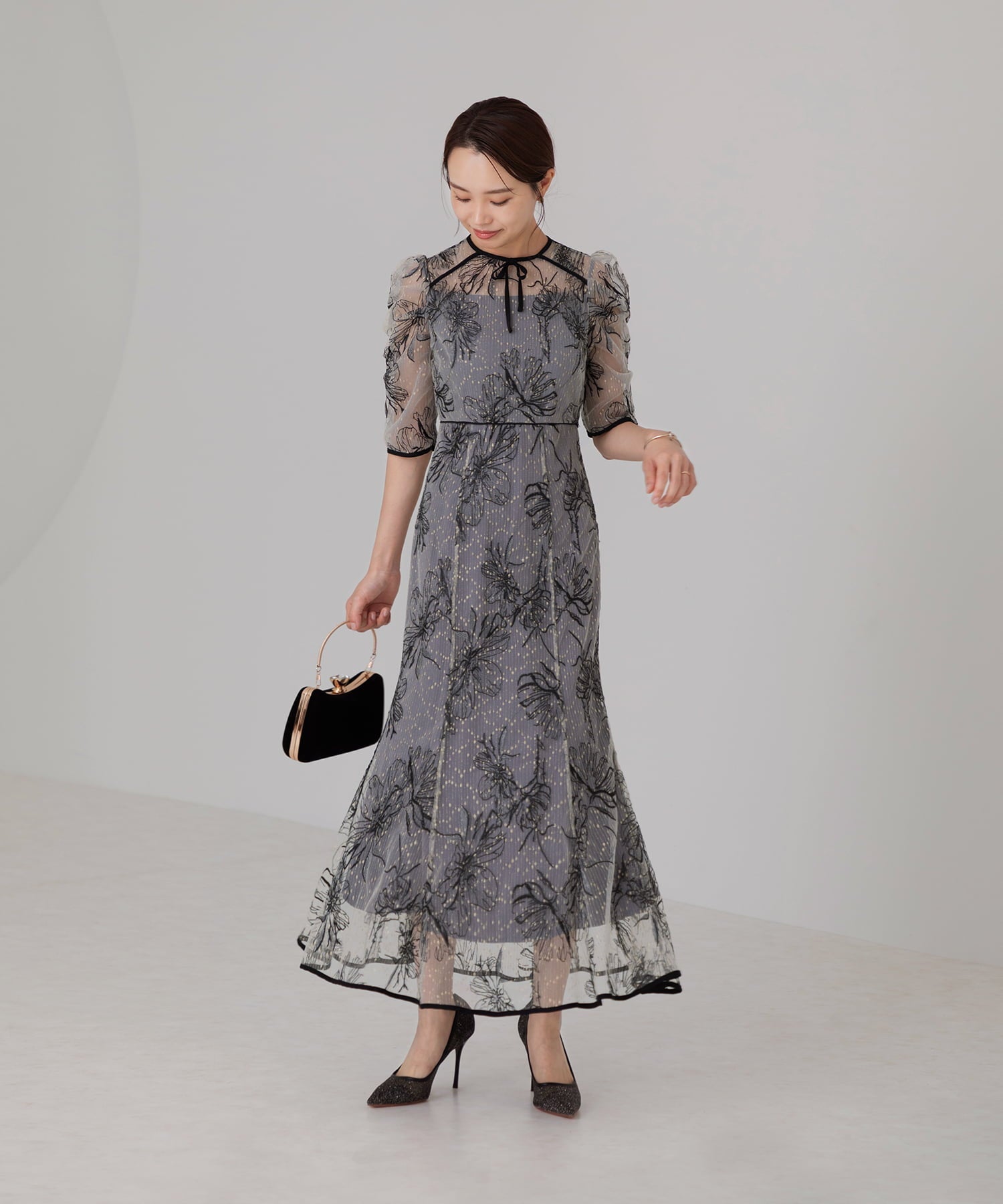 【当日発送】花柄リボンパフスリーブマーメイドワンピースドレス