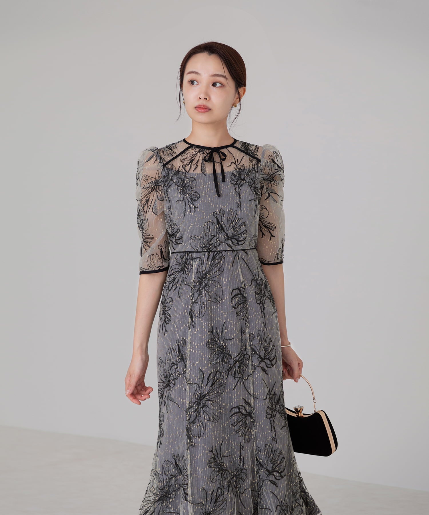 【当日発送】花柄リボンパフスリーブマーメイドワンピースドレス