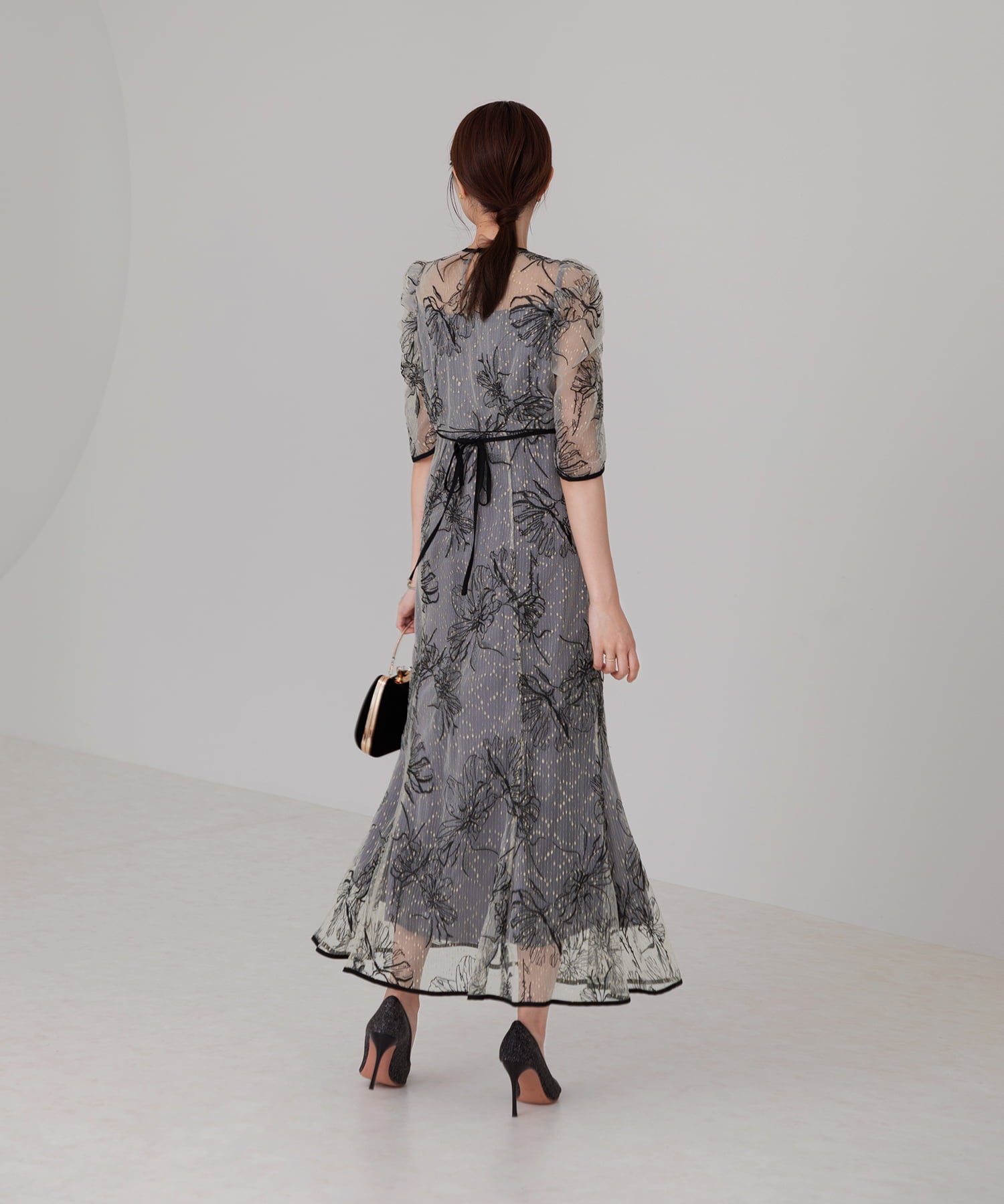 【当日発送】花柄リボンパフスリーブマーメイドワンピースドレス