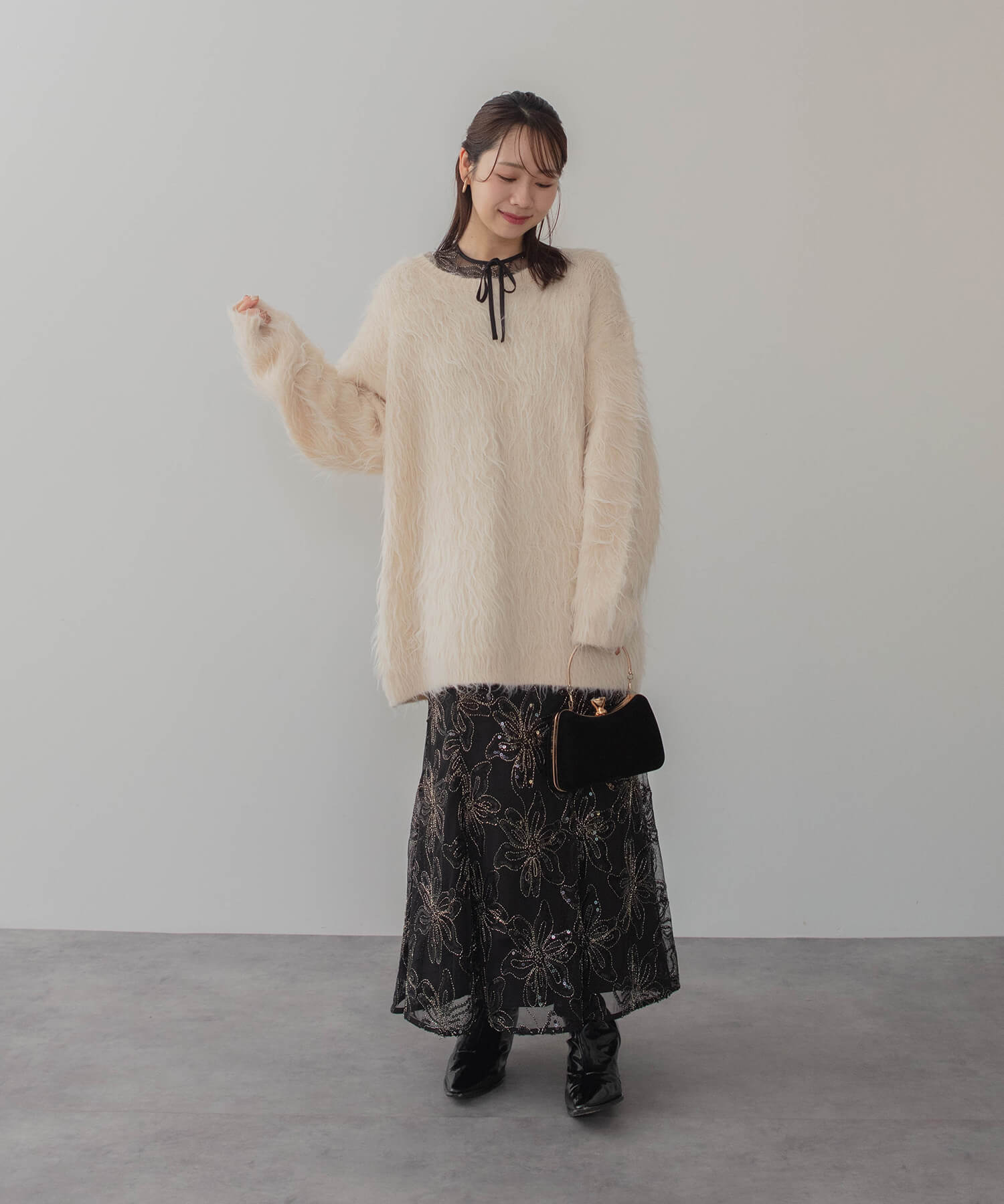 【予約販売】スパンコールフラワーリボンチュールワンピースドレス