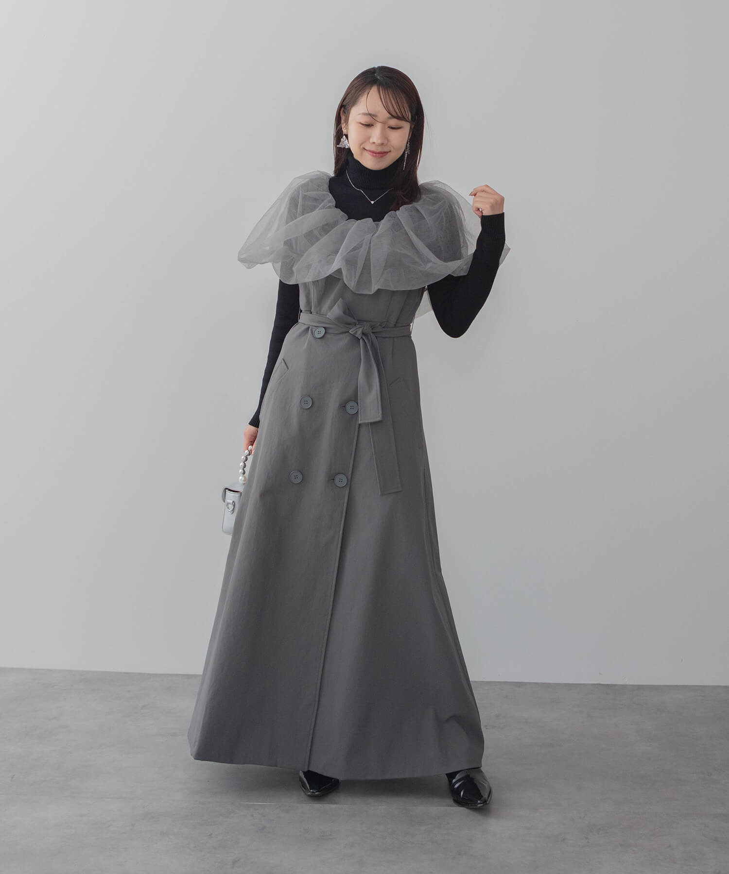 【当日発送】3WAYオフショルチュールトレンチディティールワンピ―スドレス