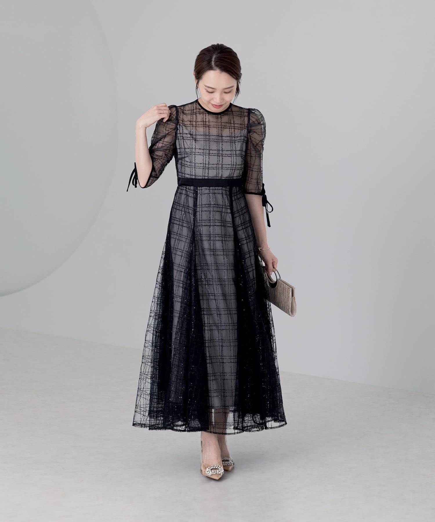 【当日発送】チェックスパンコールリボンワンピースドレス