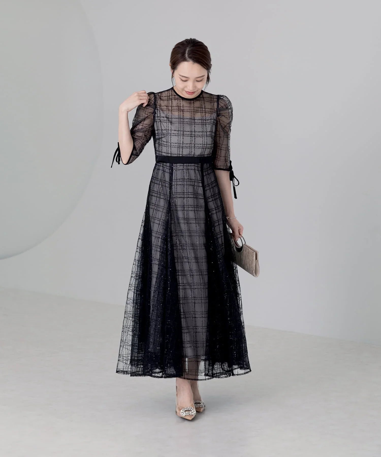 【当日発送】チェックスパンコールリボンワンピースドレス