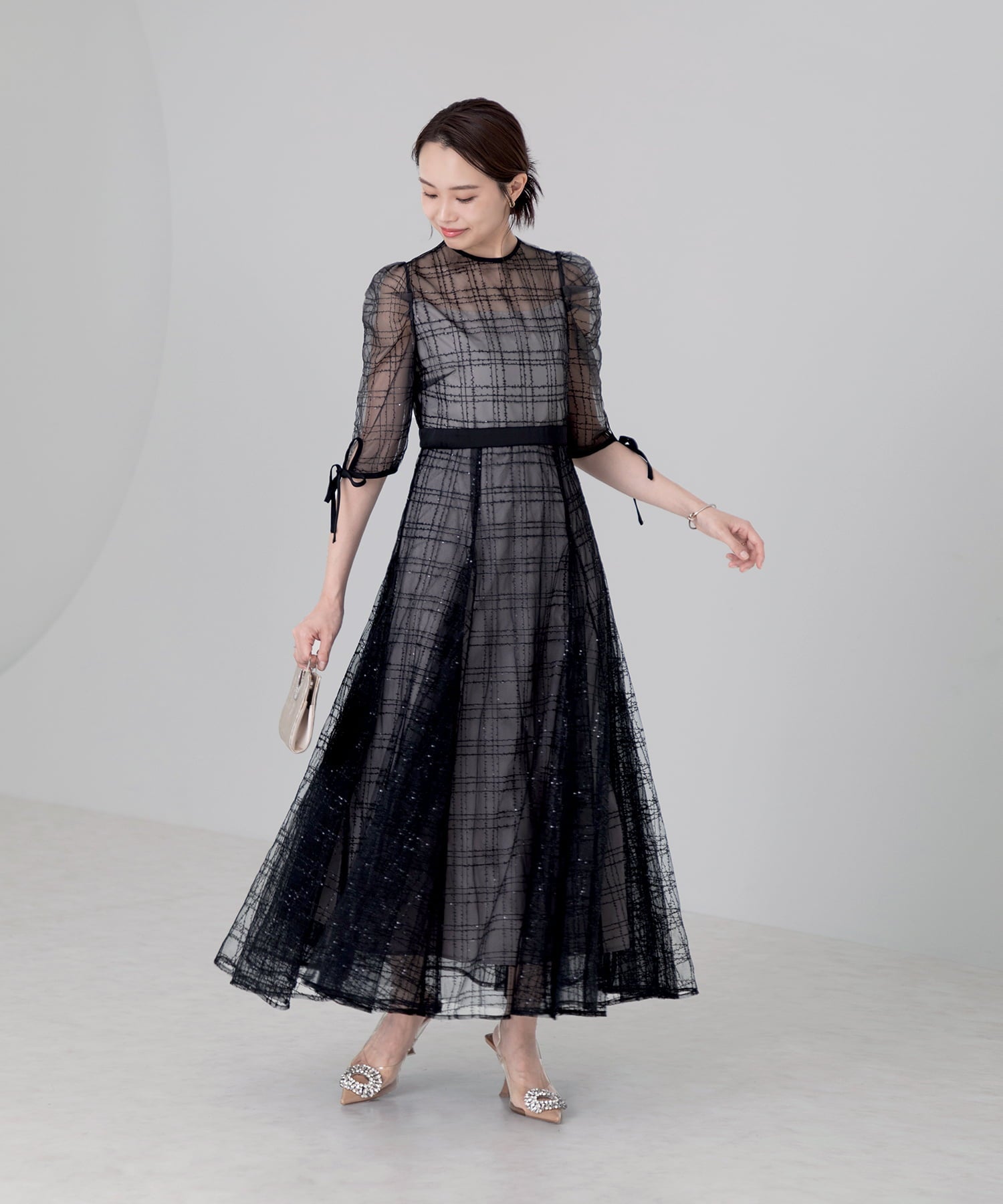 【当日発送】チェックスパンコールリボンワンピースドレス