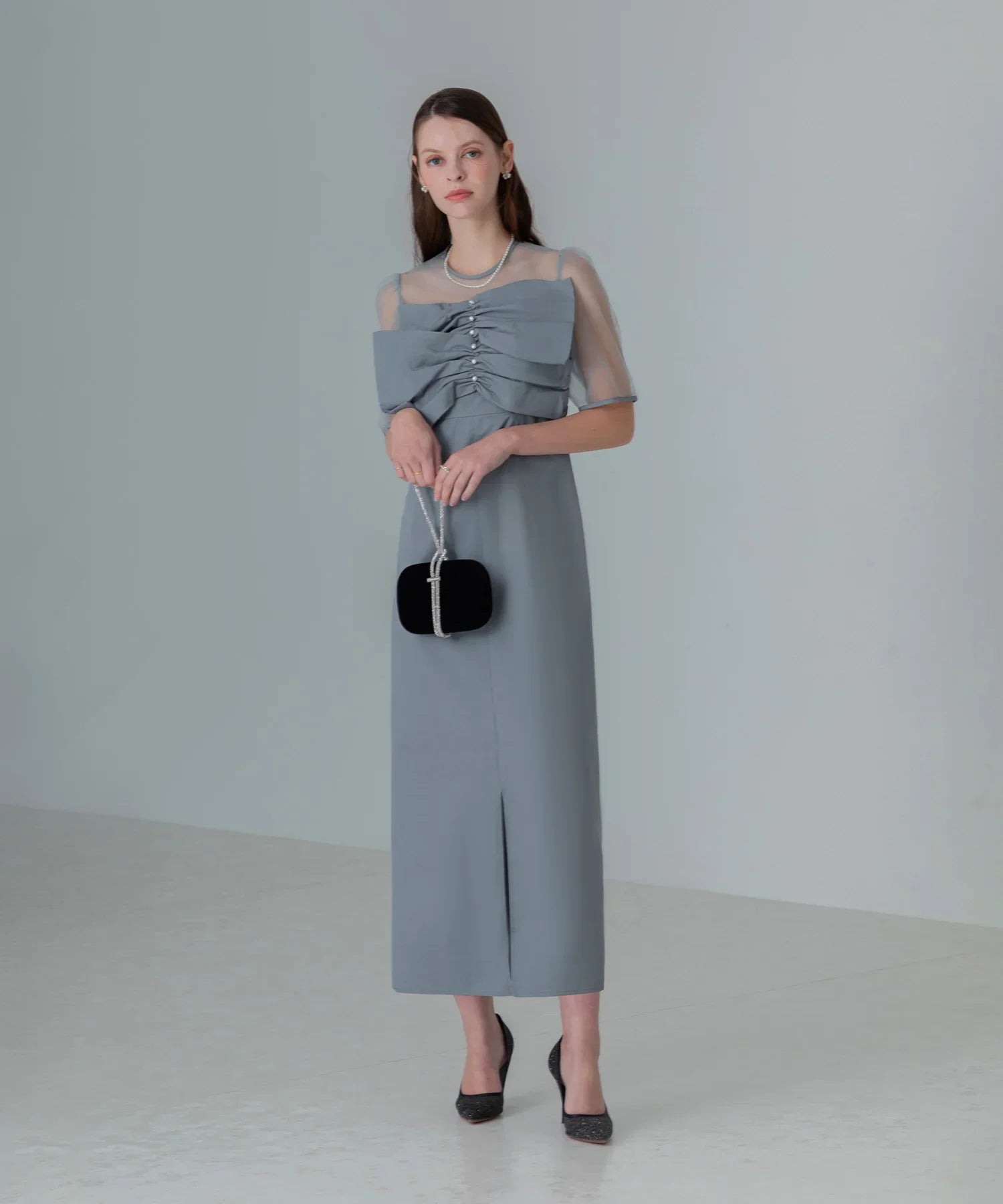 【当日発送】フロントプリーツシアースリーブIラインワンピースドレス