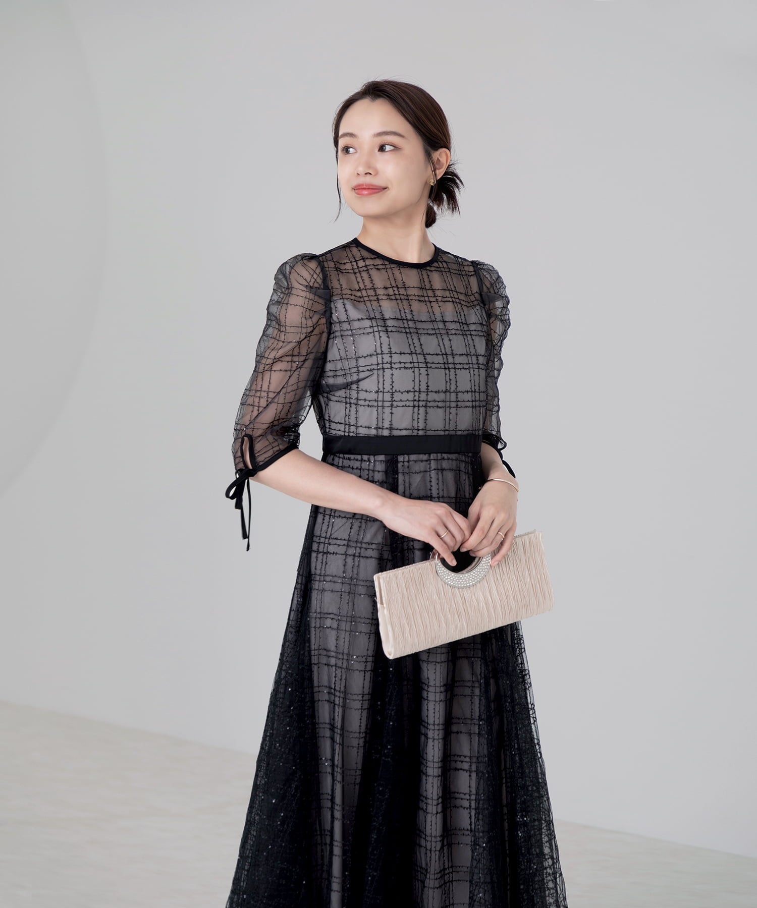 【当日発送】チェックスパンコールリボンワンピースドレス