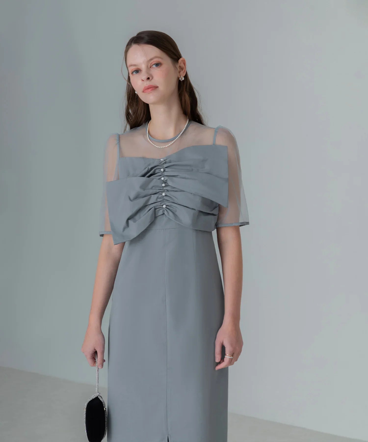 【当日発送】フロントプリーツシアースリーブIラインワンピースドレス