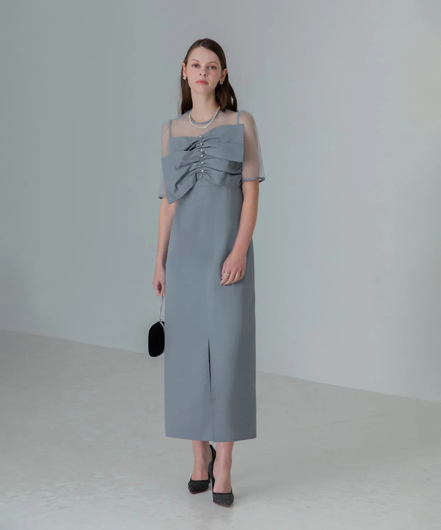 【当日発送】フロントプリーツシアースリーブIラインワンピースドレス