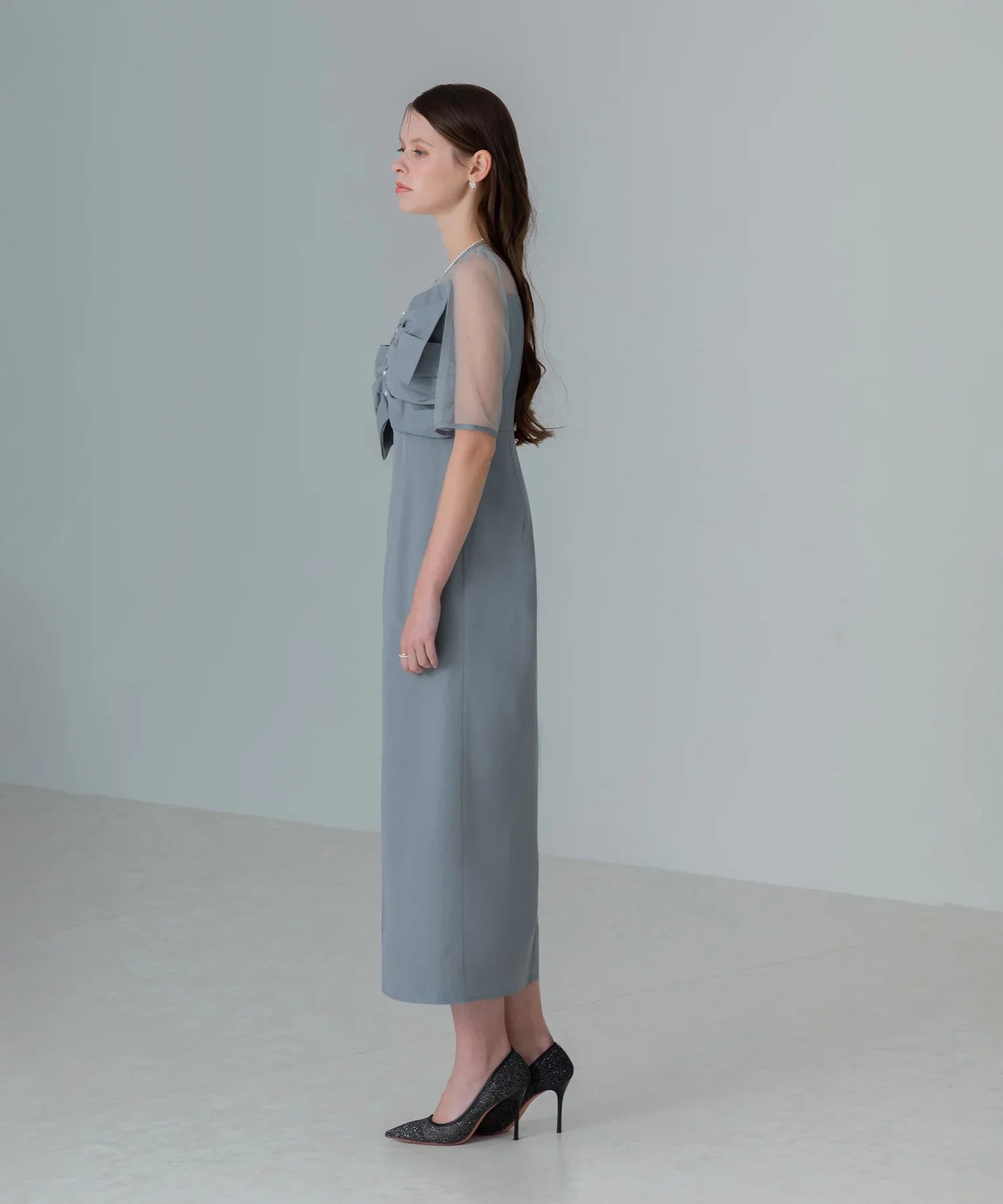 【当日発送】フロントプリーツシアースリーブIラインワンピースドレス