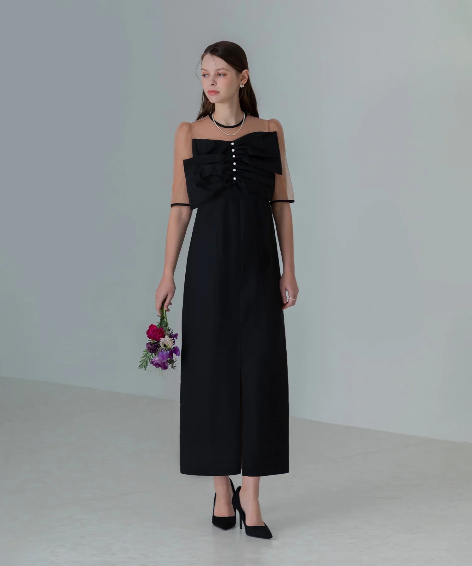 【当日発送】フロントプリーツシアースリーブIラインワンピースドレス