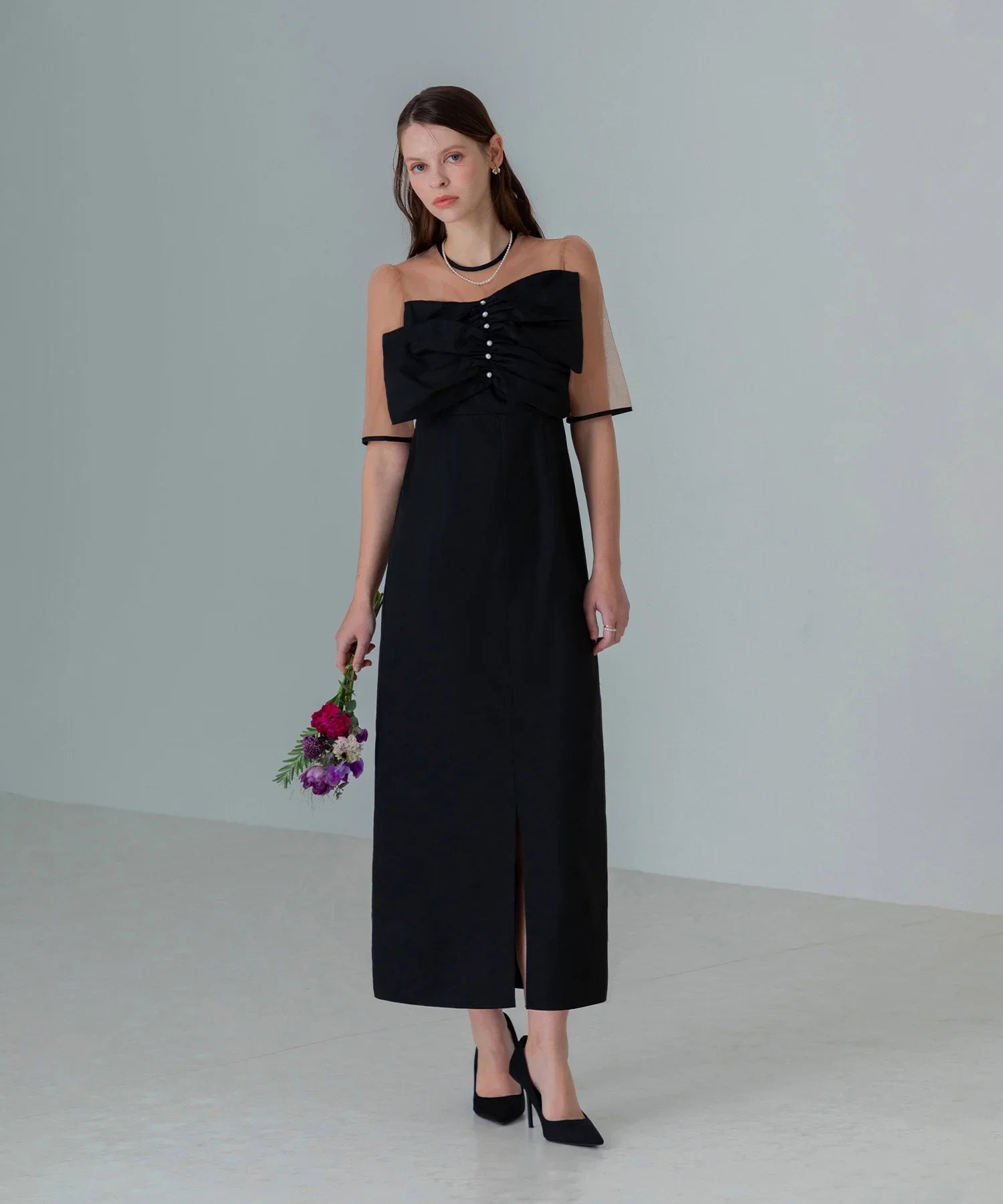 【当日発送】フロントプリーツシアースリーブIラインワンピースドレス