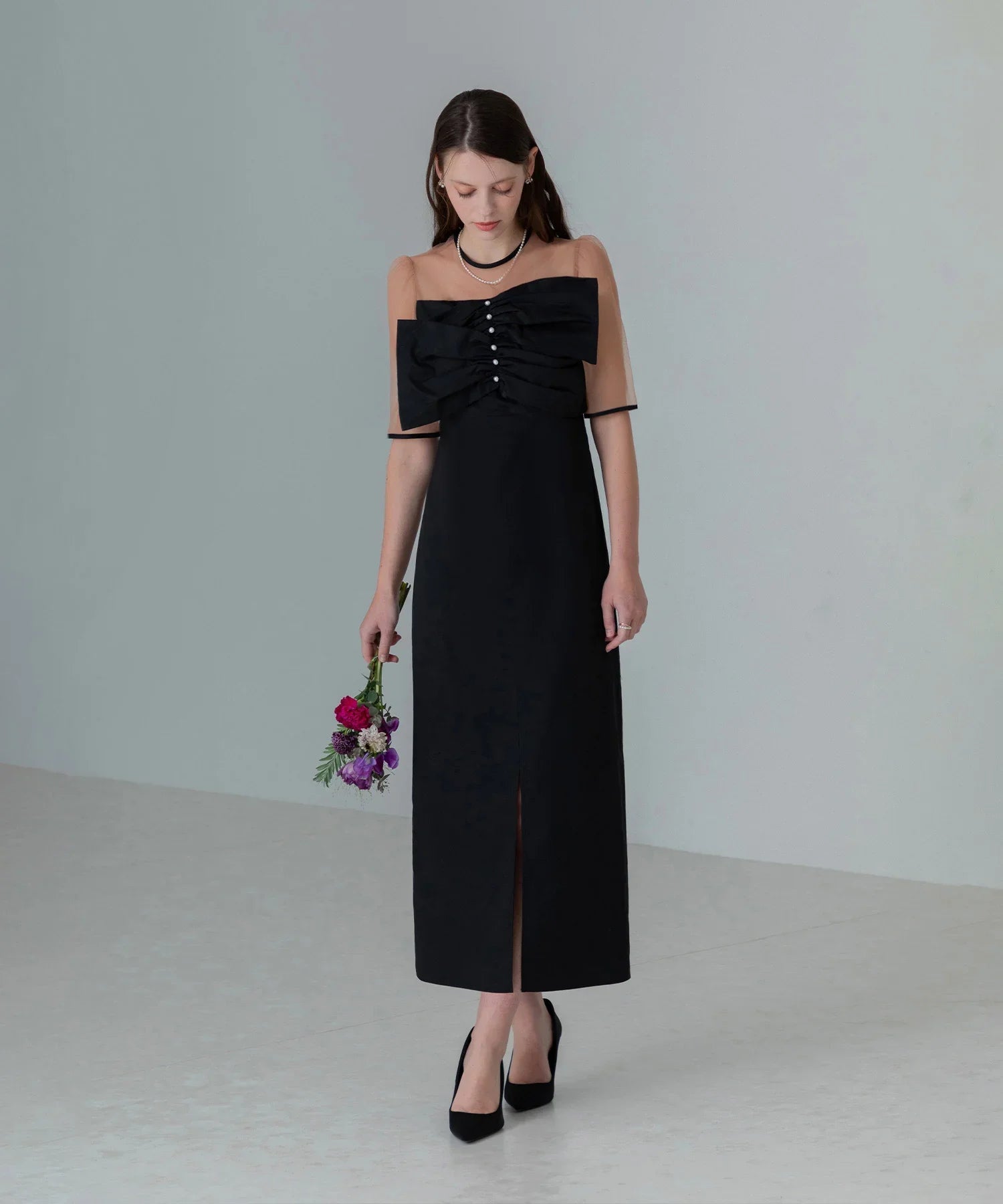 【当日発送】フロントプリーツシアースリーブIラインワンピースドレス