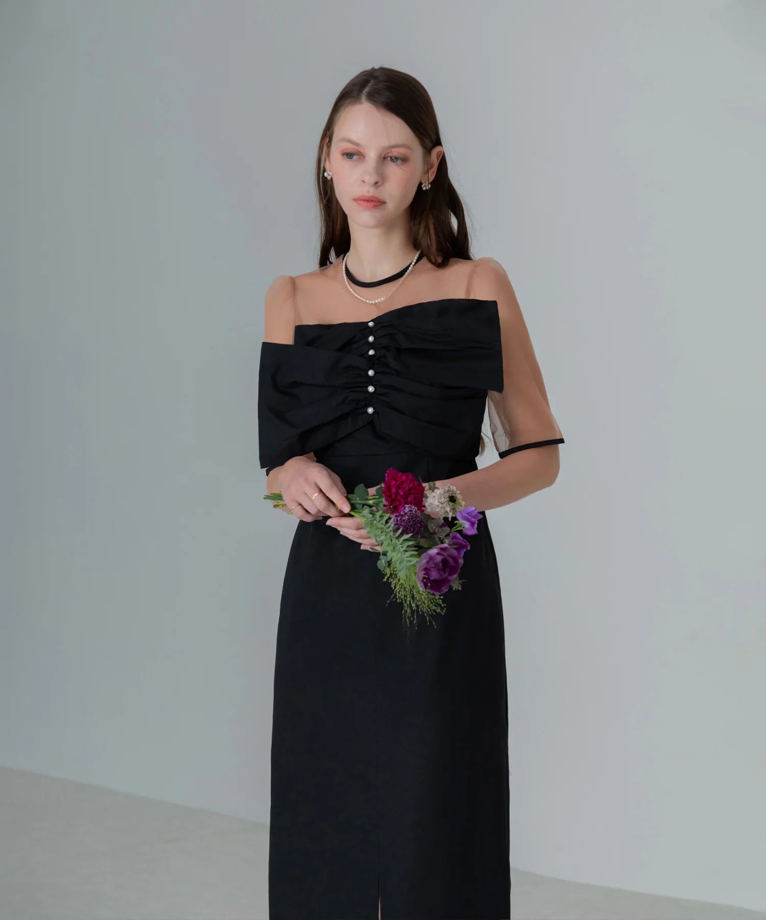 【当日発送】フロントプリーツシアースリーブIラインワンピースドレス