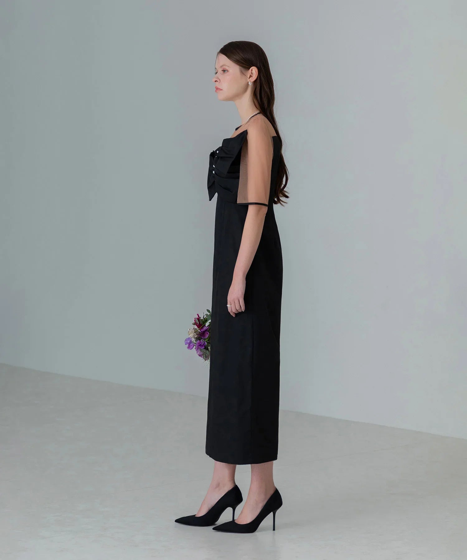 【当日発送】フロントプリーツシアースリーブIラインワンピースドレス