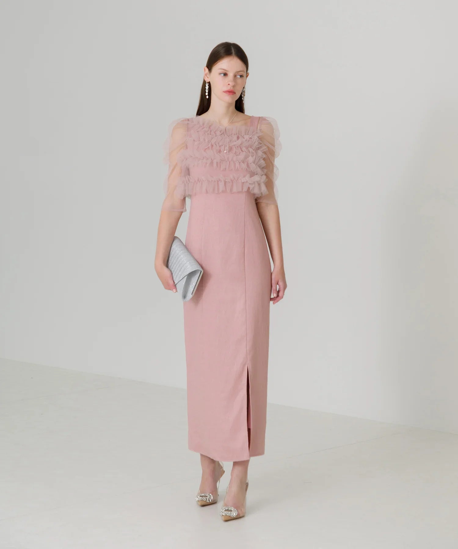 【SOLD OUT】チュールアシンメトリーティアードフリルIラインワンピースドレス