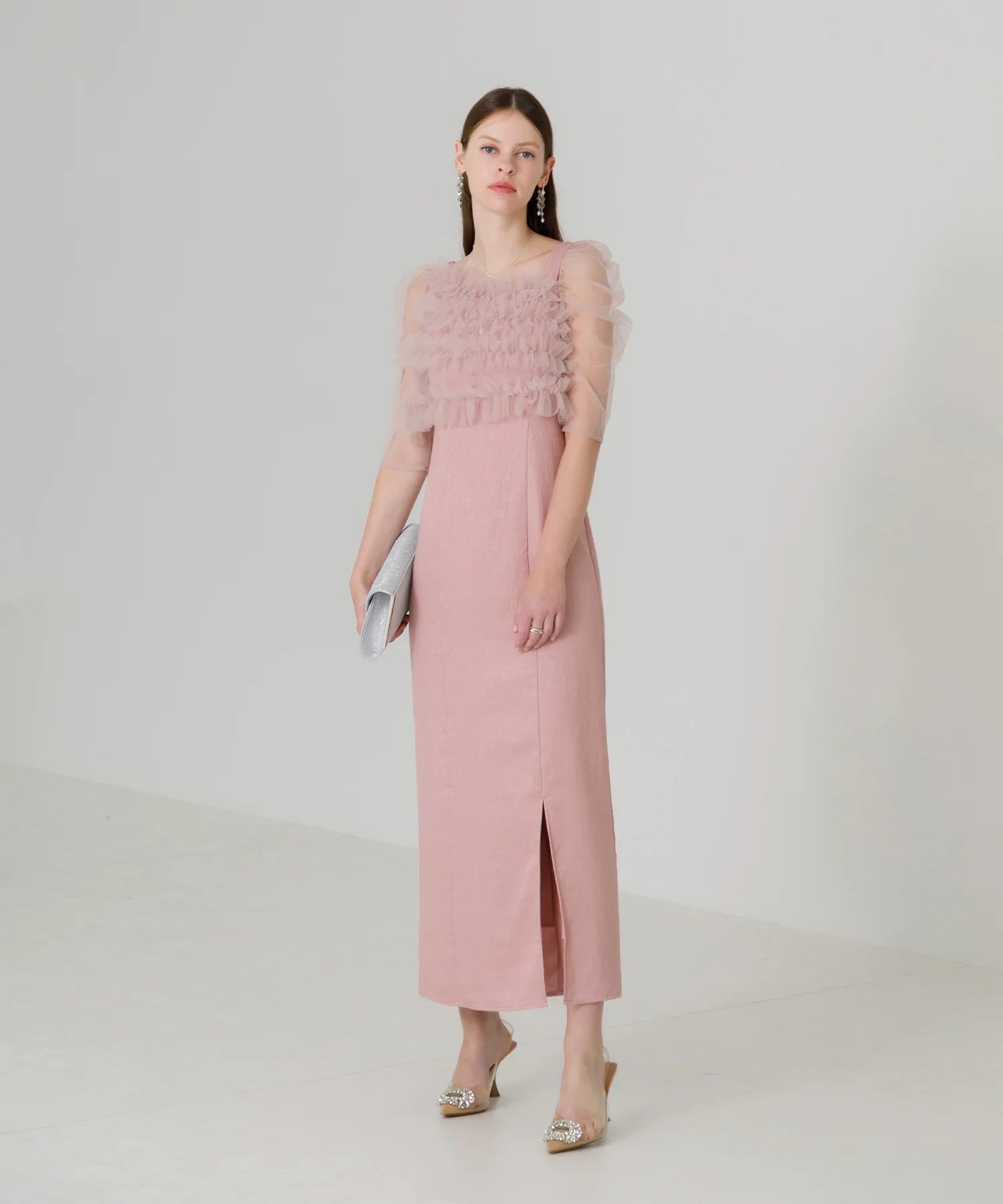 【SOLD OUT】チュールアシンメトリーティアードフリルIラインワンピースドレス