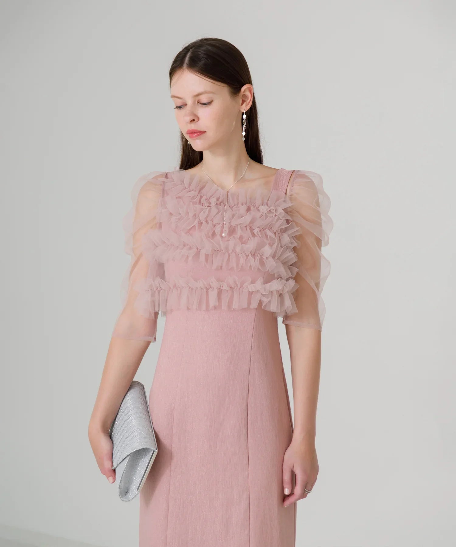 【SOLD OUT】チュールアシンメトリーティアードフリルIラインワンピースドレス