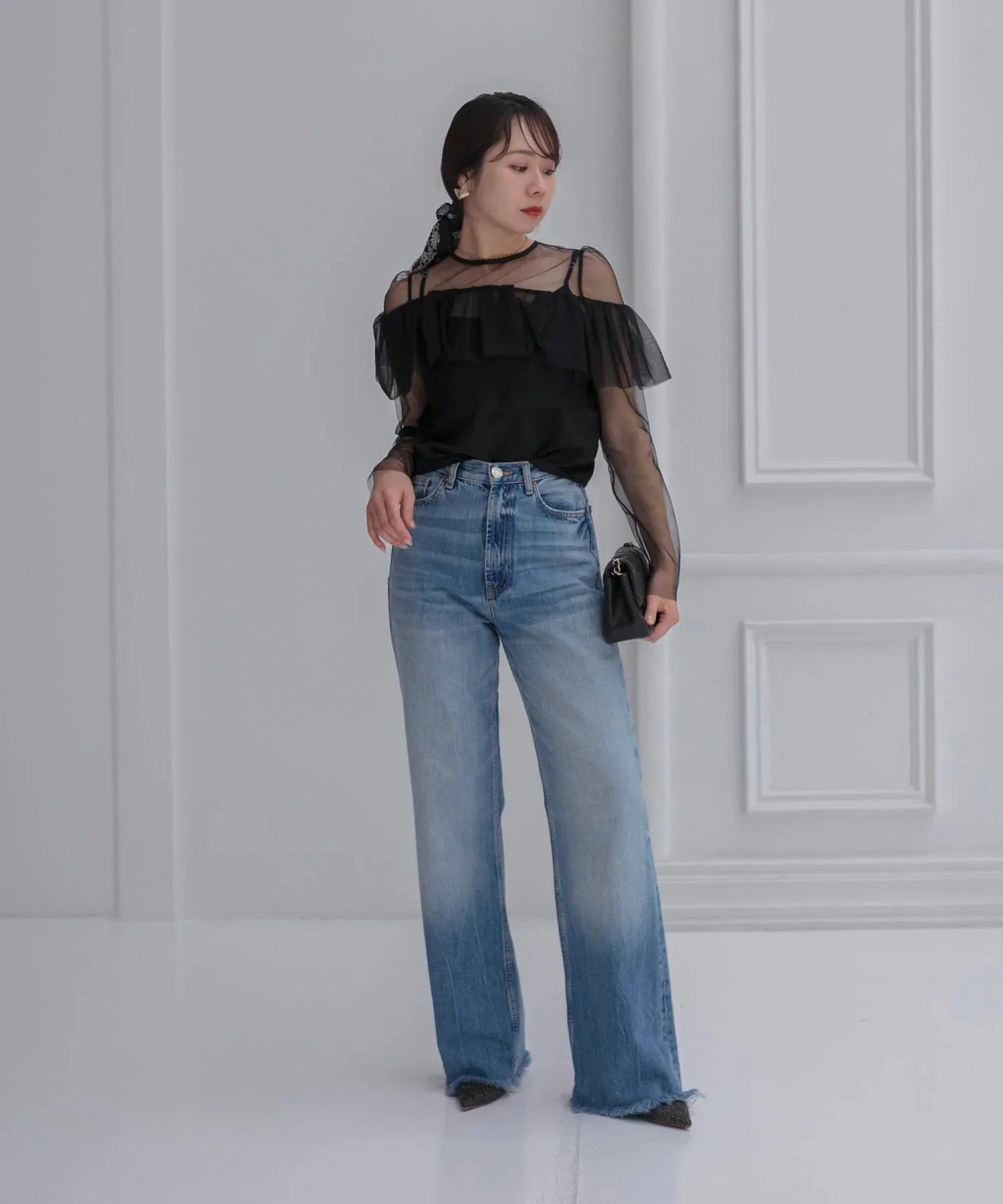 【当日発送】2WAYアシンメトリーフリルチュールフラワーIラインワンピースドレス