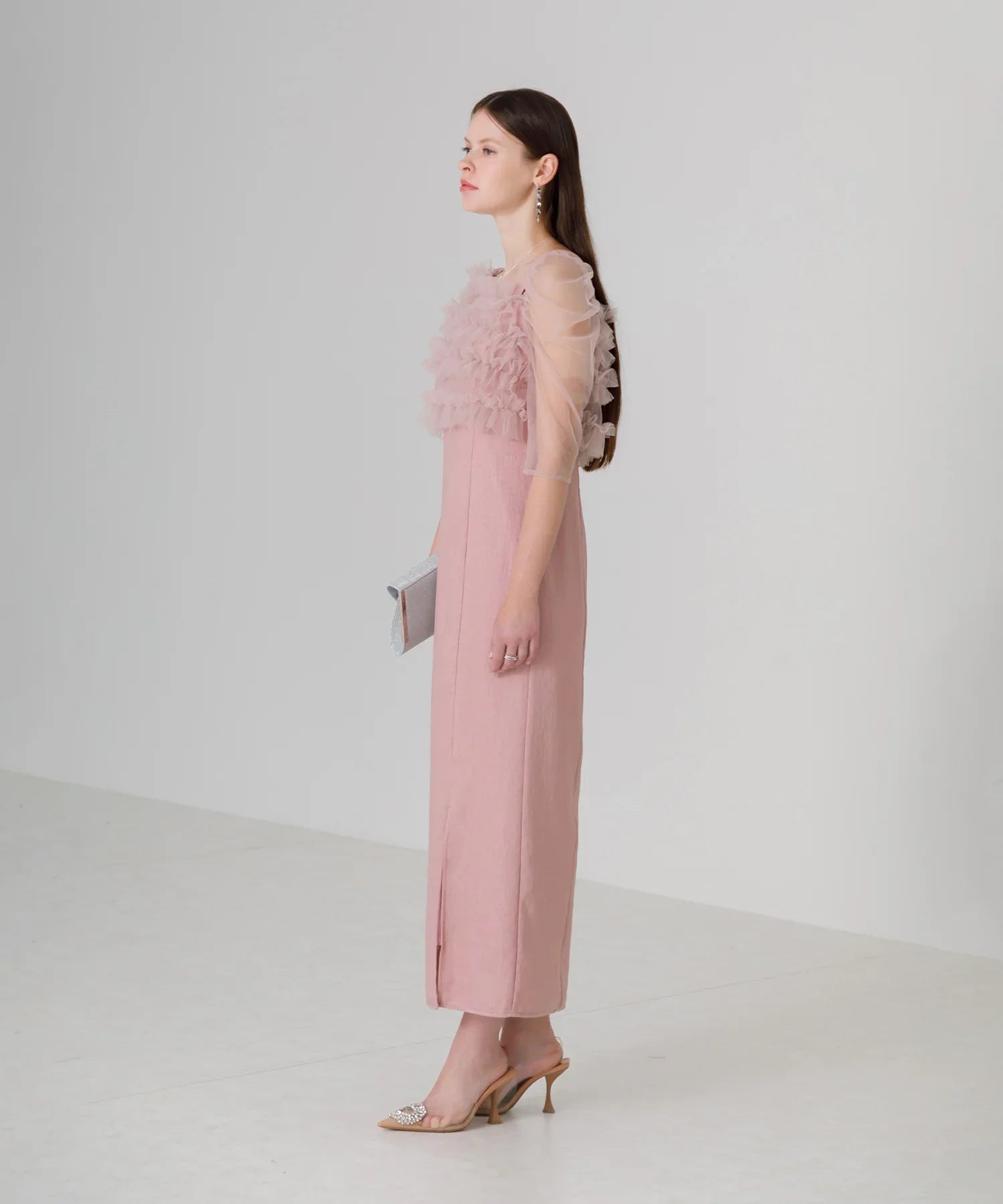 【SOLD OUT】チュールアシンメトリーティアードフリルIラインワンピースドレス