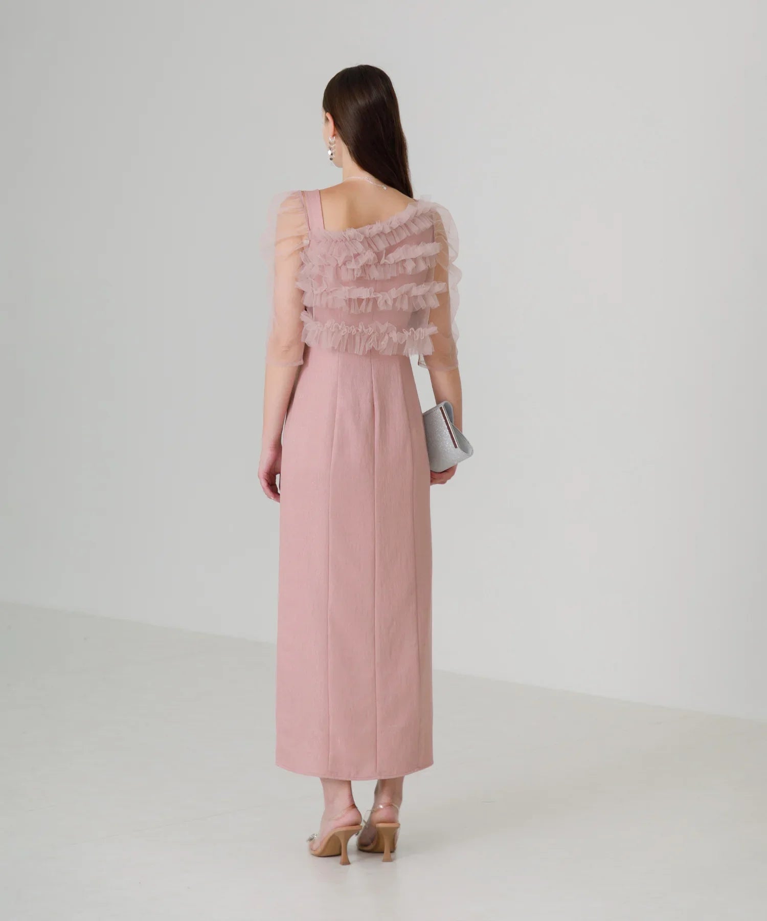 【SOLD OUT】チュールアシンメトリーティアードフリルIラインワンピースドレス