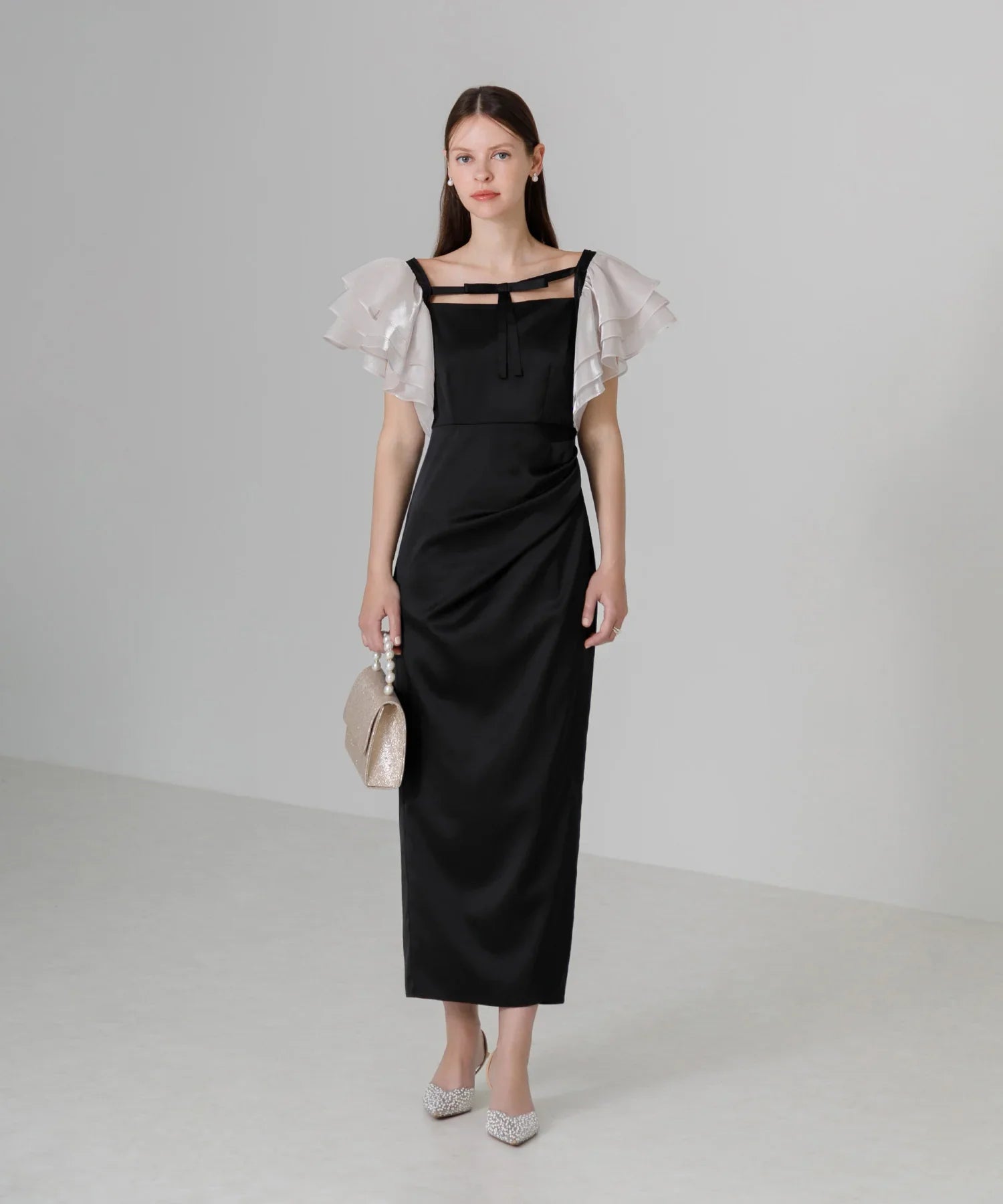 【当日発送】グラスオーガンジーフリルスリーブフロントIラインワンピースドレス