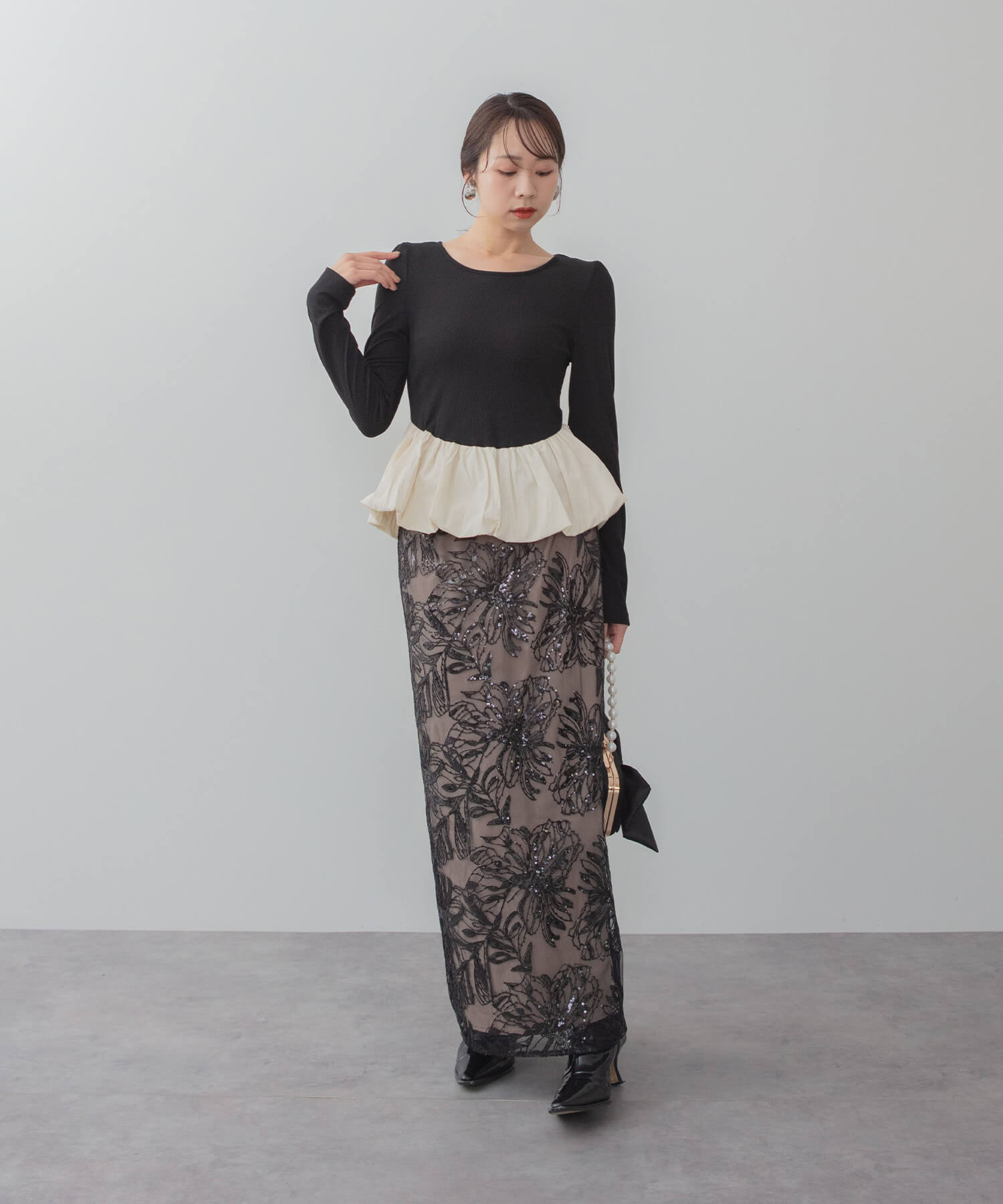 【SOLD OUT】アシンメトリーシアーフラワースパンコールフリルチュール セットアップドレス