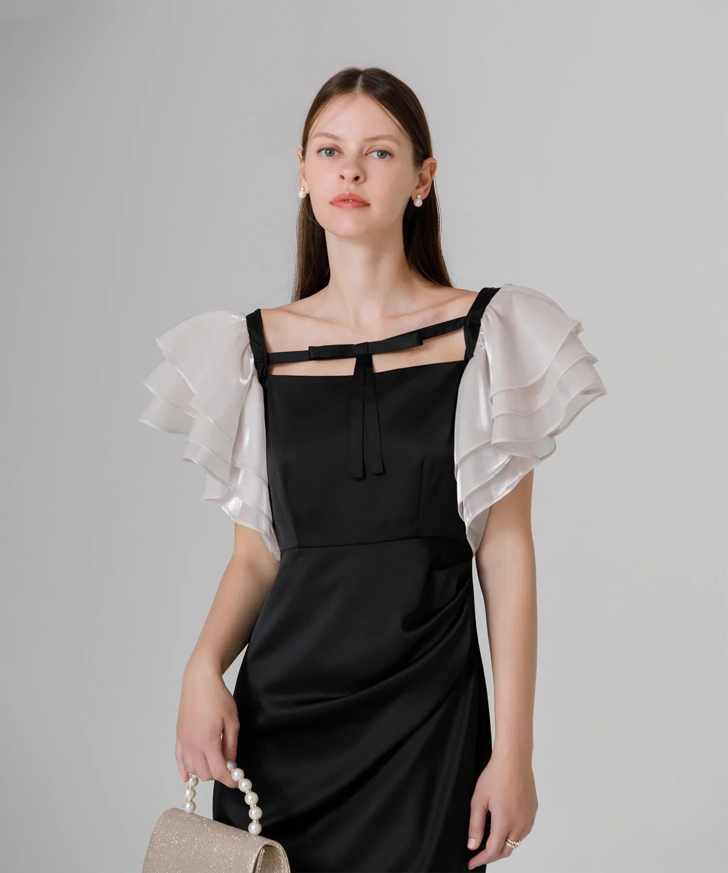 【当日発送】グラスオーガンジーフリルスリーブフロントIラインワンピースドレス