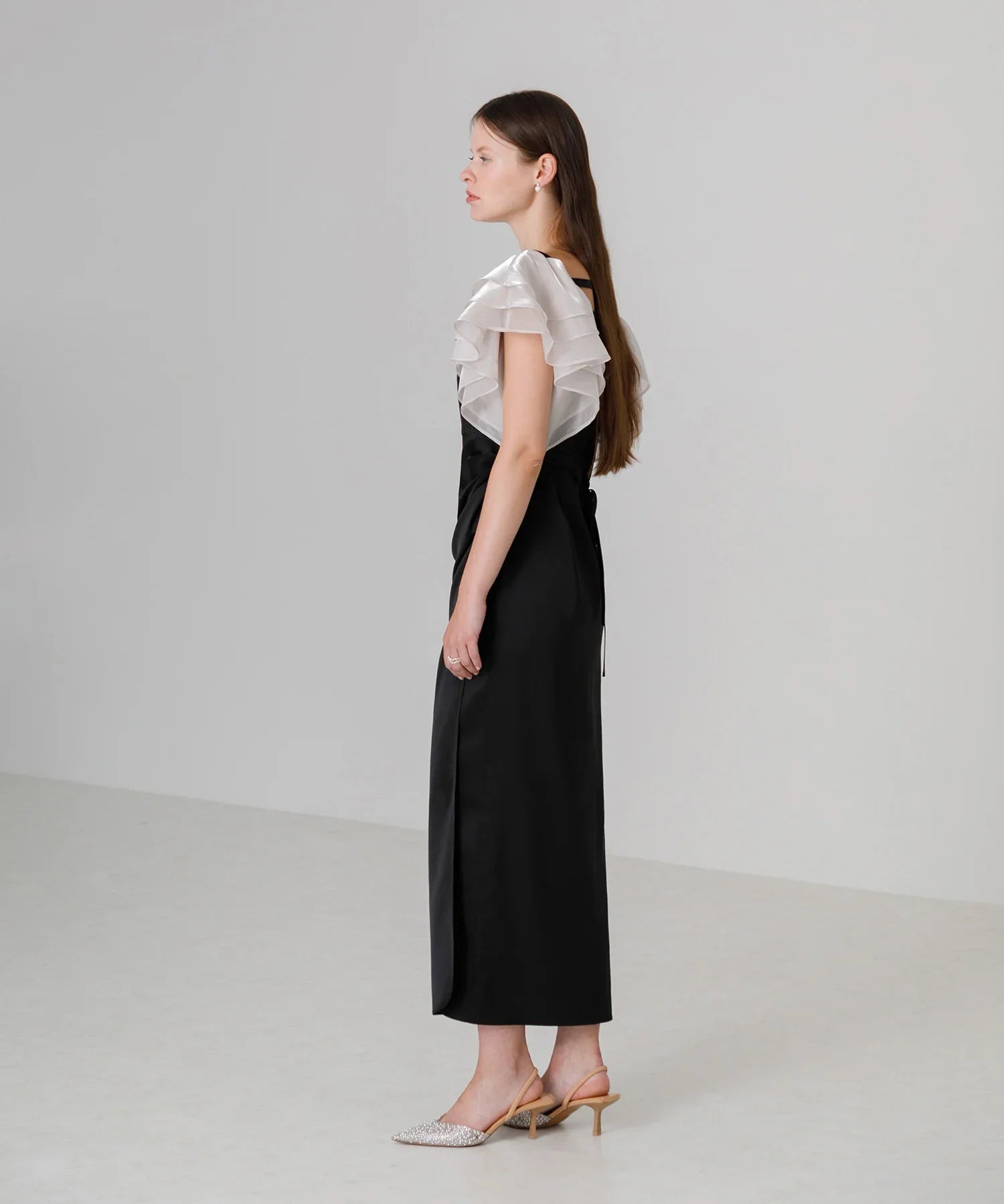 【当日発送】グラスオーガンジーフリルスリーブフロントIラインワンピースドレス