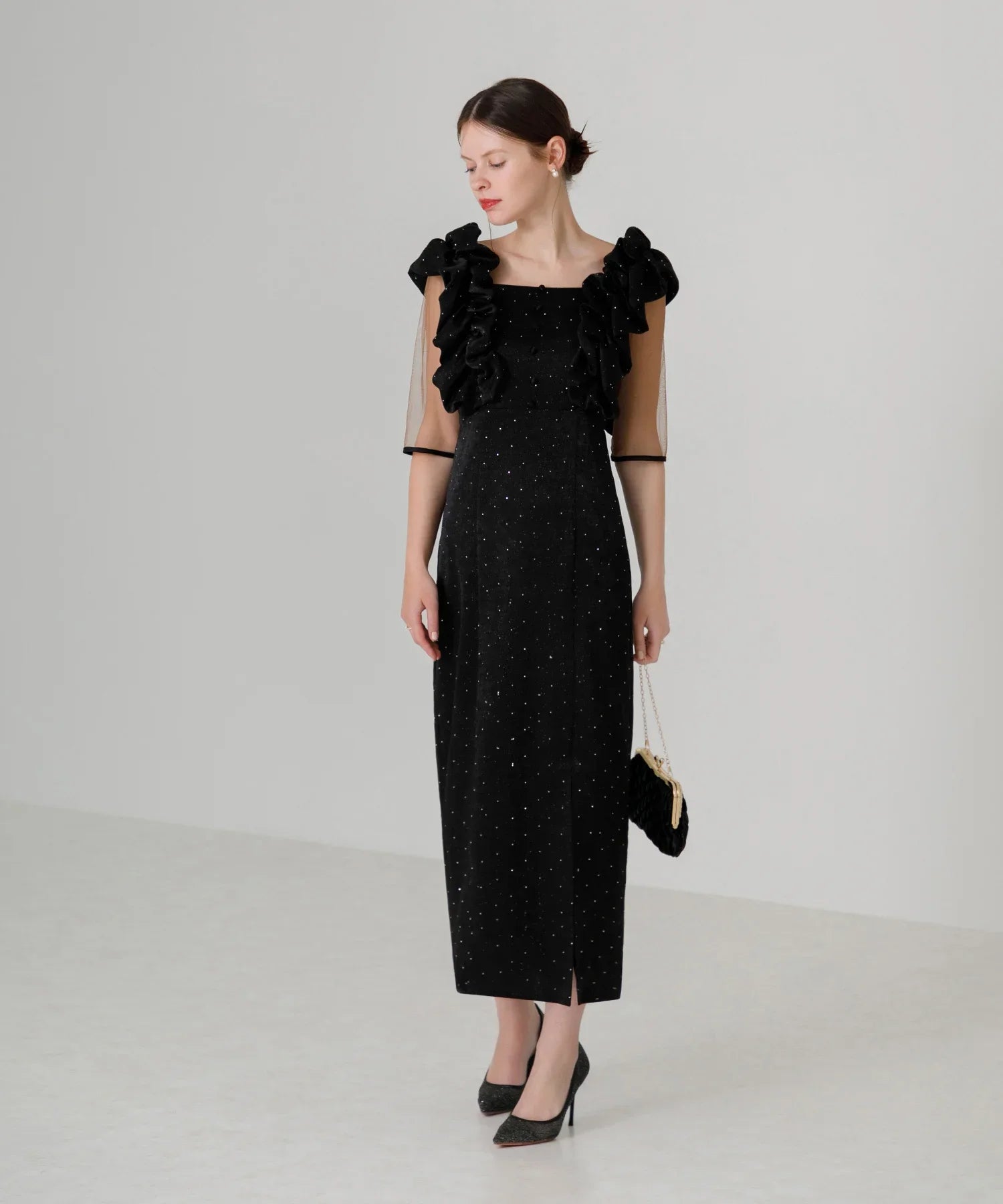 【当日発送】フリルショルダーストーンIラインワンピースドレス