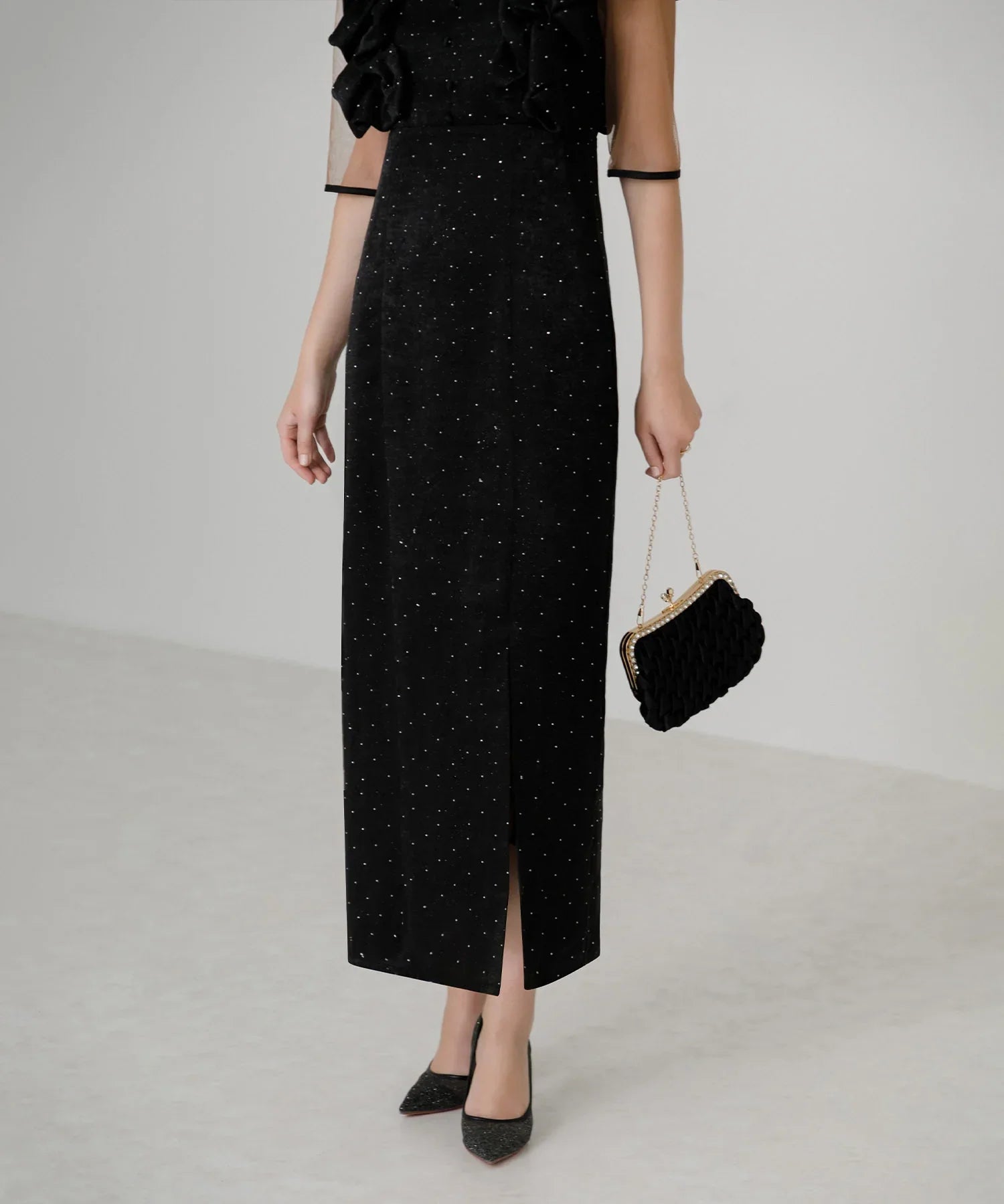 【当日発送】フリルショルダーストーンIラインワンピースドレス