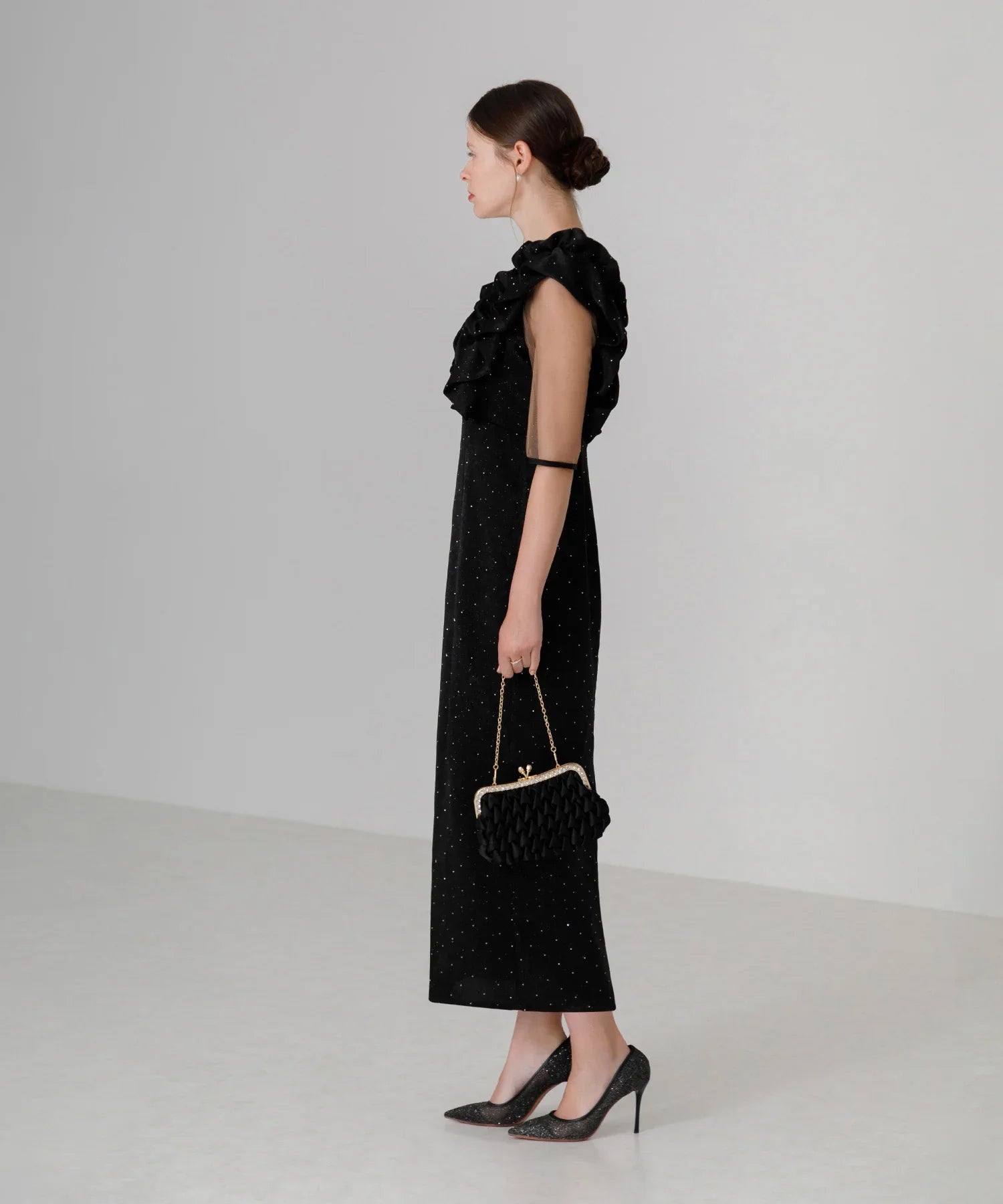 【当日発送】フリルショルダーストーンIラインワンピースドレス