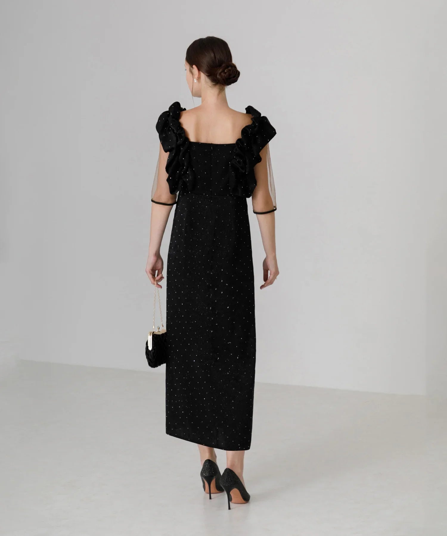 【当日発送】フリルショルダーストーンIラインワンピースドレス