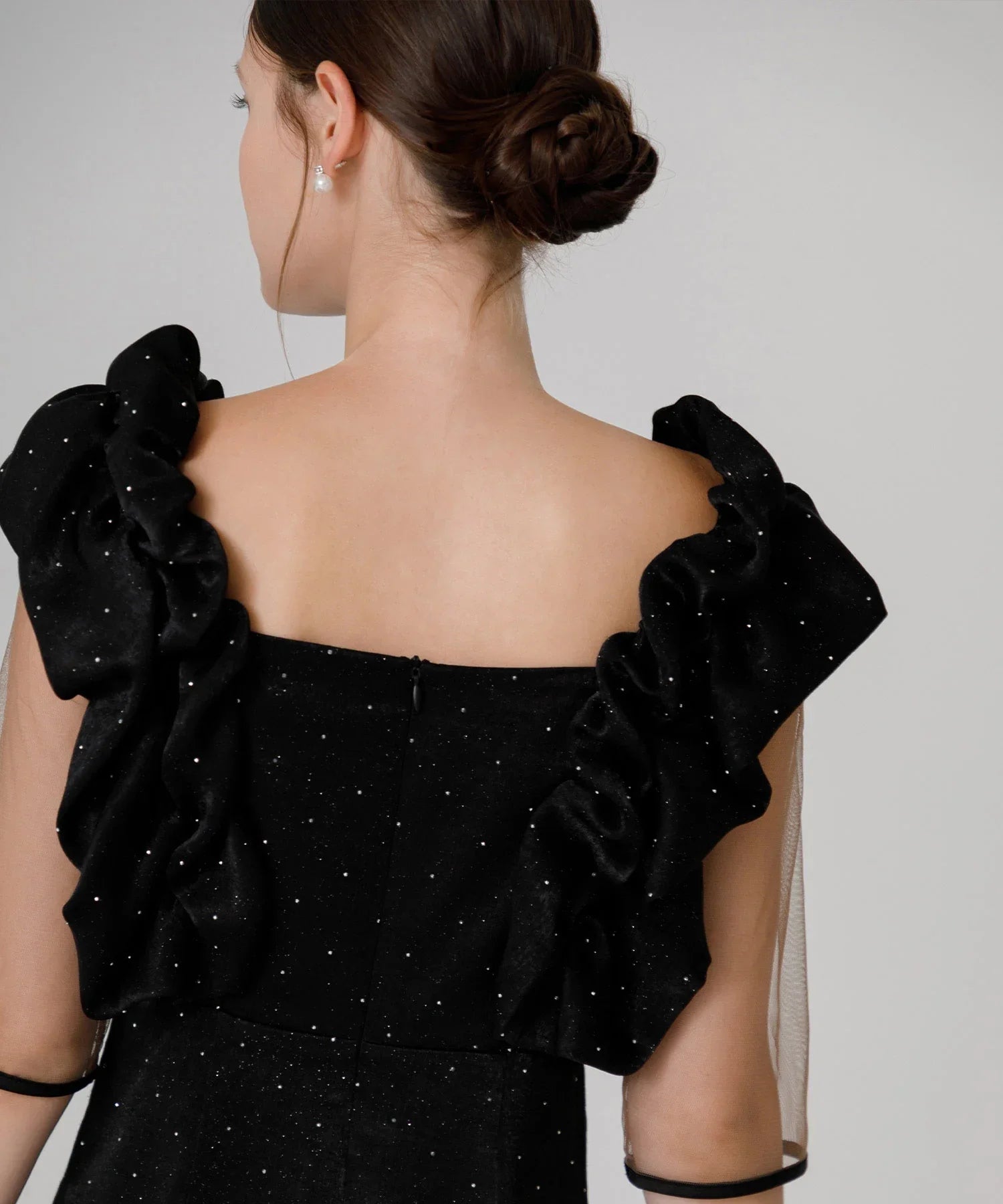 【当日発送】フリルショルダーストーンIラインワンピースドレス