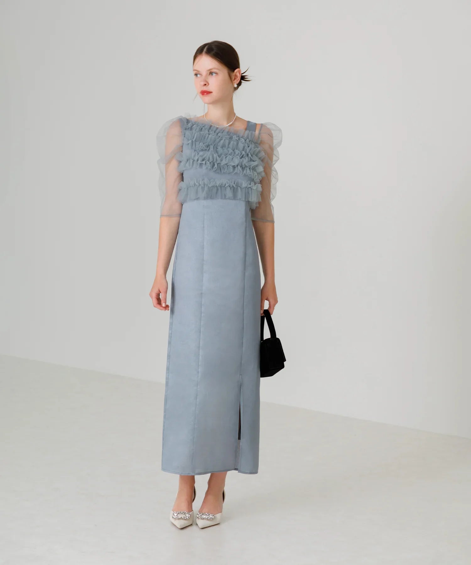 【SOLD OUT】チュールアシンメトリーティアードフリルIラインワンピースドレス
