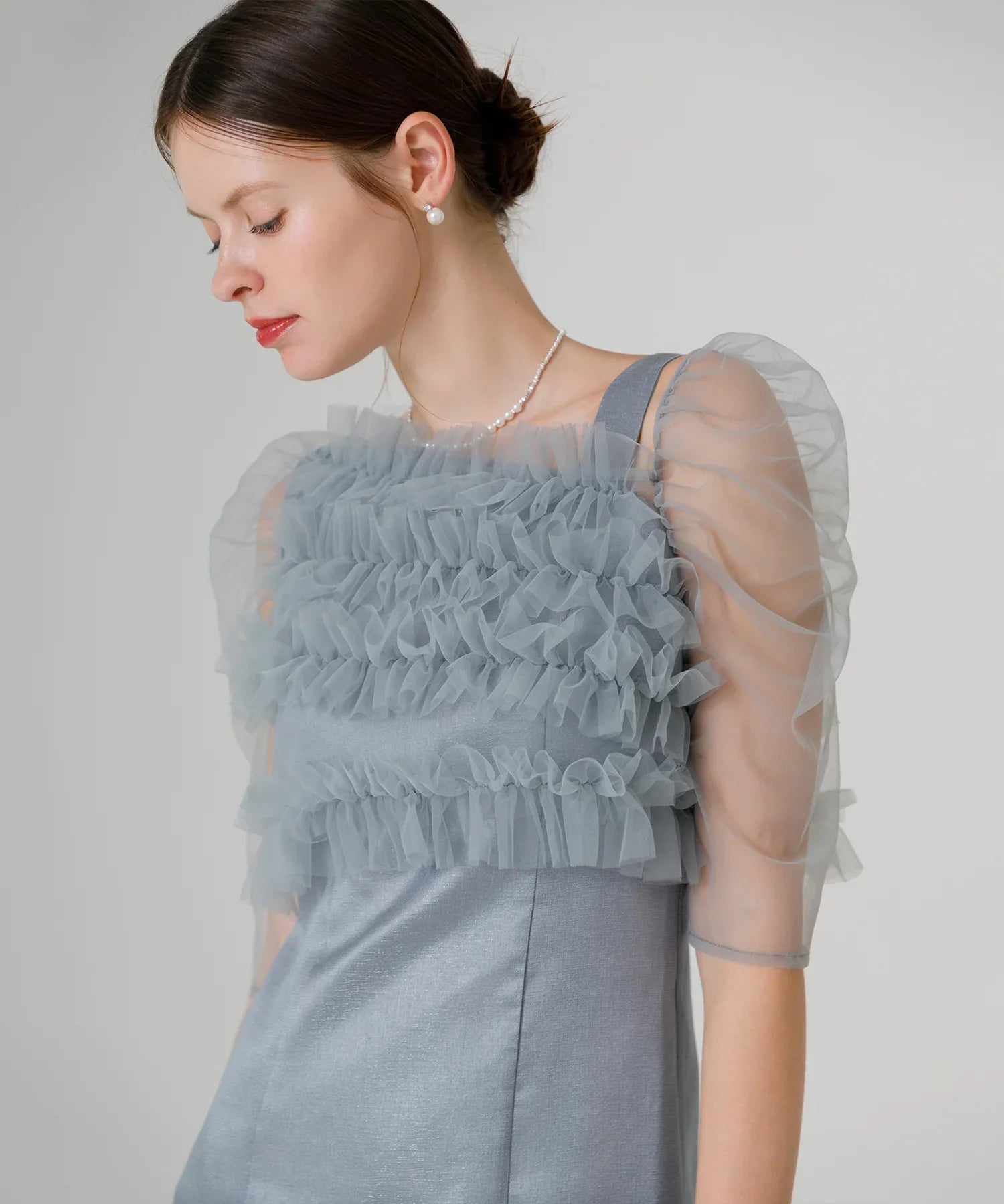 【SOLD OUT】チュールアシンメトリーティアードフリルIラインワンピースドレス