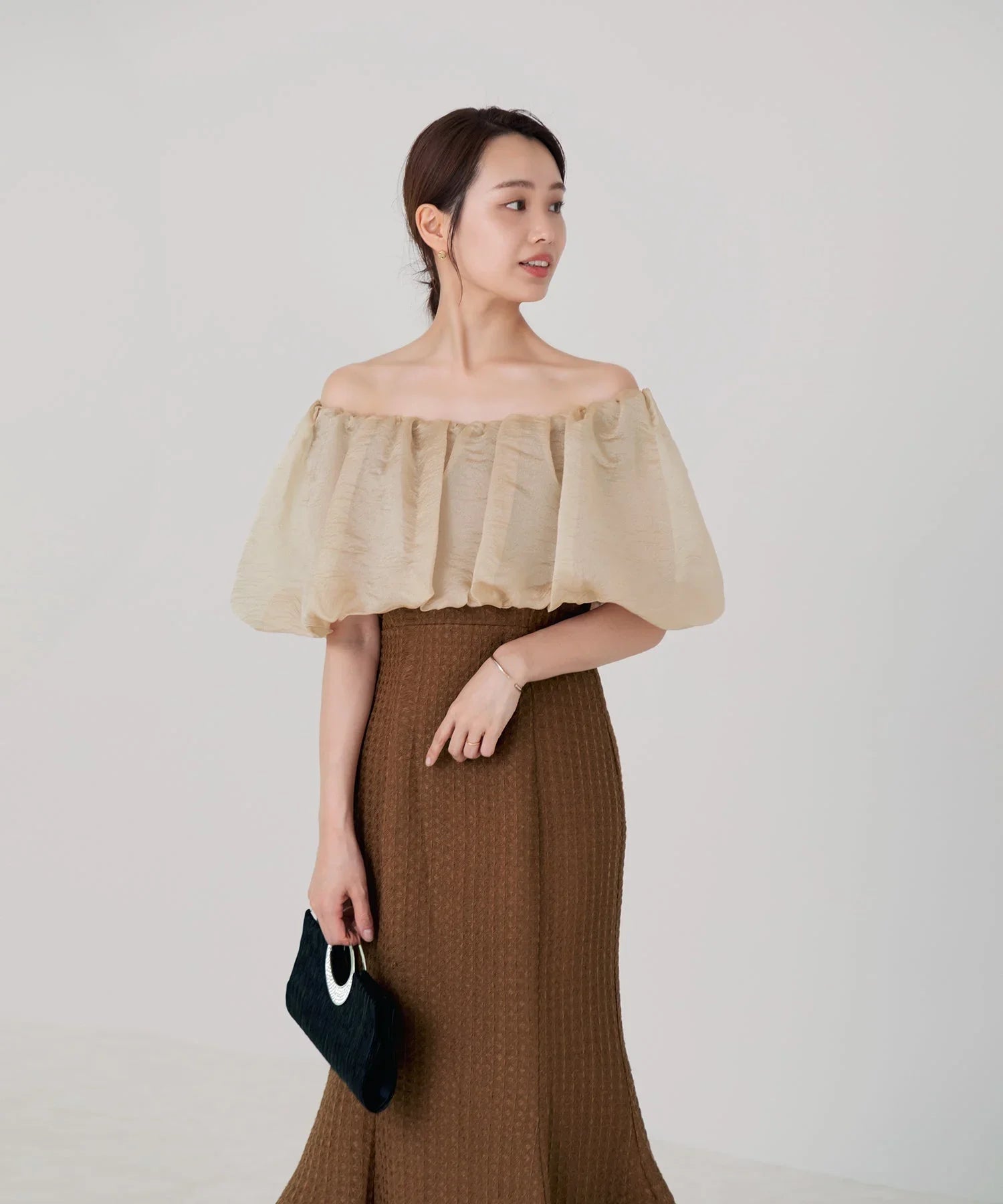 【当日発送】2WAYオフショルダーパフスリーブマーメイドワンピースドレス