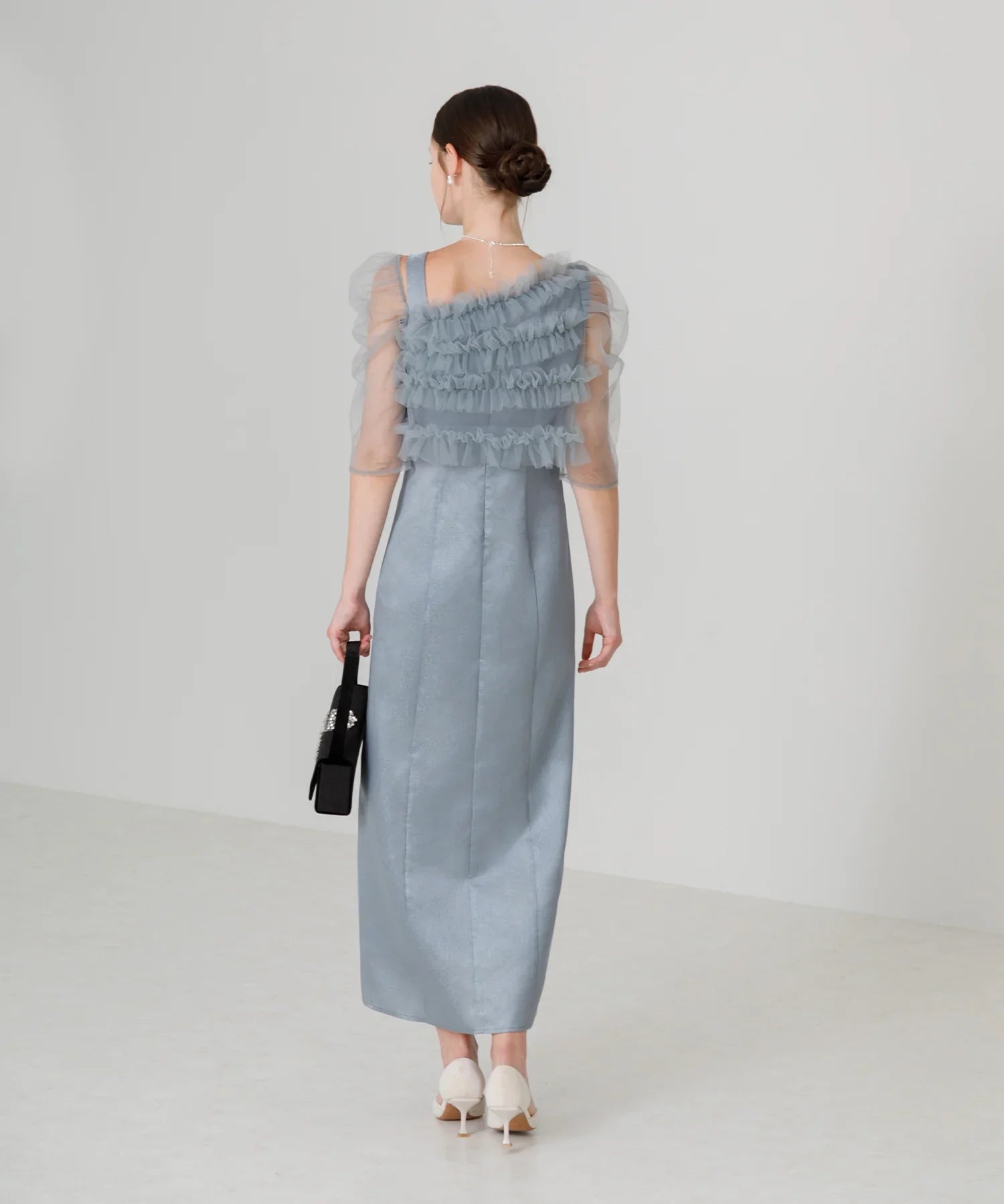 【SOLD OUT】チュールアシンメトリーティアードフリルIラインワンピースドレス