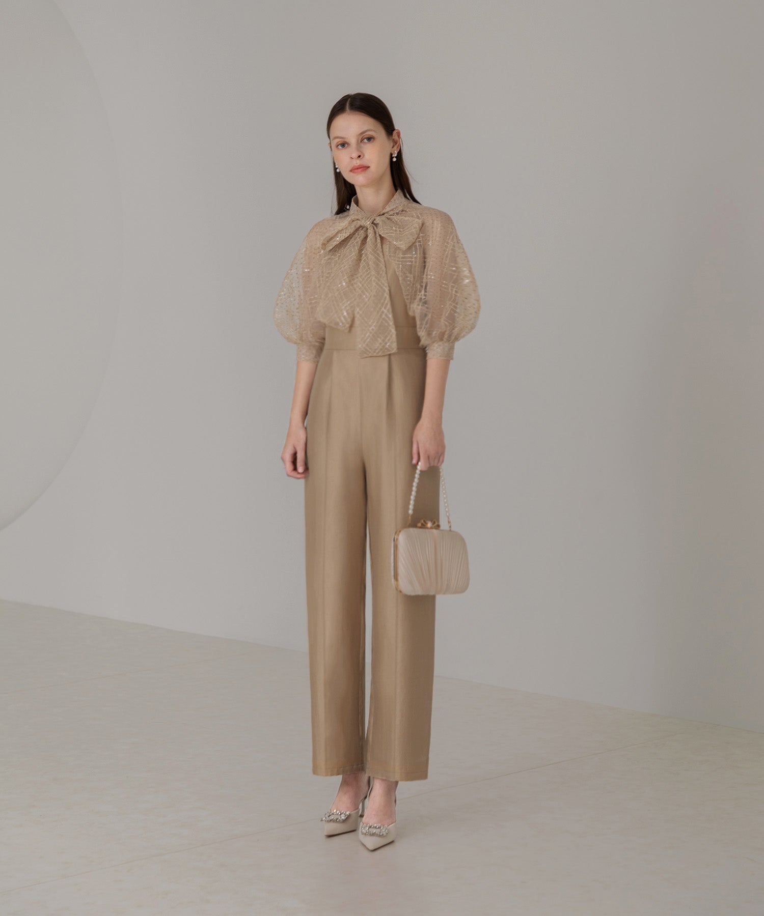 【当日発送】ドットスパンコールリボンボレロオールインワンパンツドレス