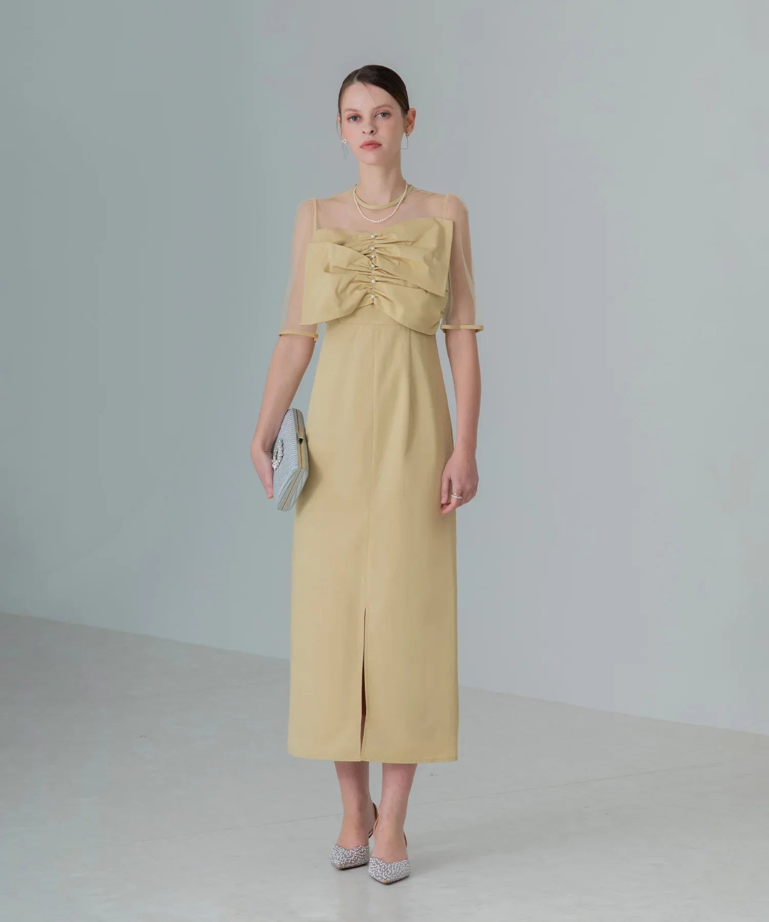 【当日発送】フロントプリーツシアースリーブIラインワンピースドレス