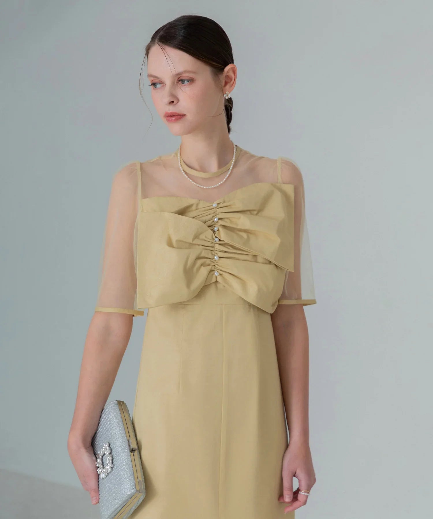 【当日発送】フロントプリーツシアースリーブIラインワンピースドレス