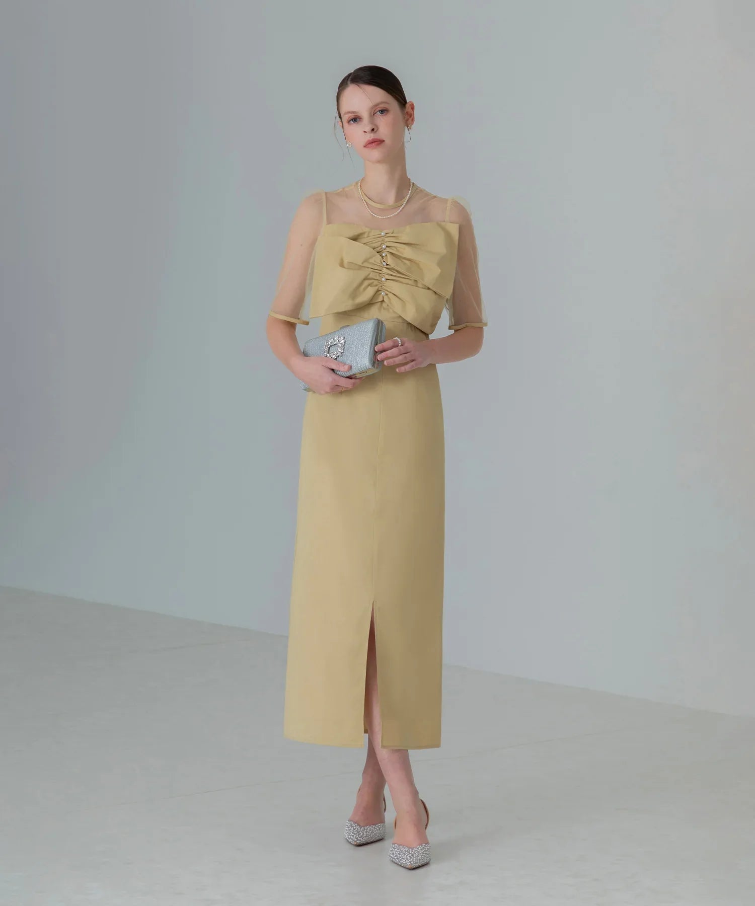 【当日発送】フロントプリーツシアースリーブIラインワンピースドレス