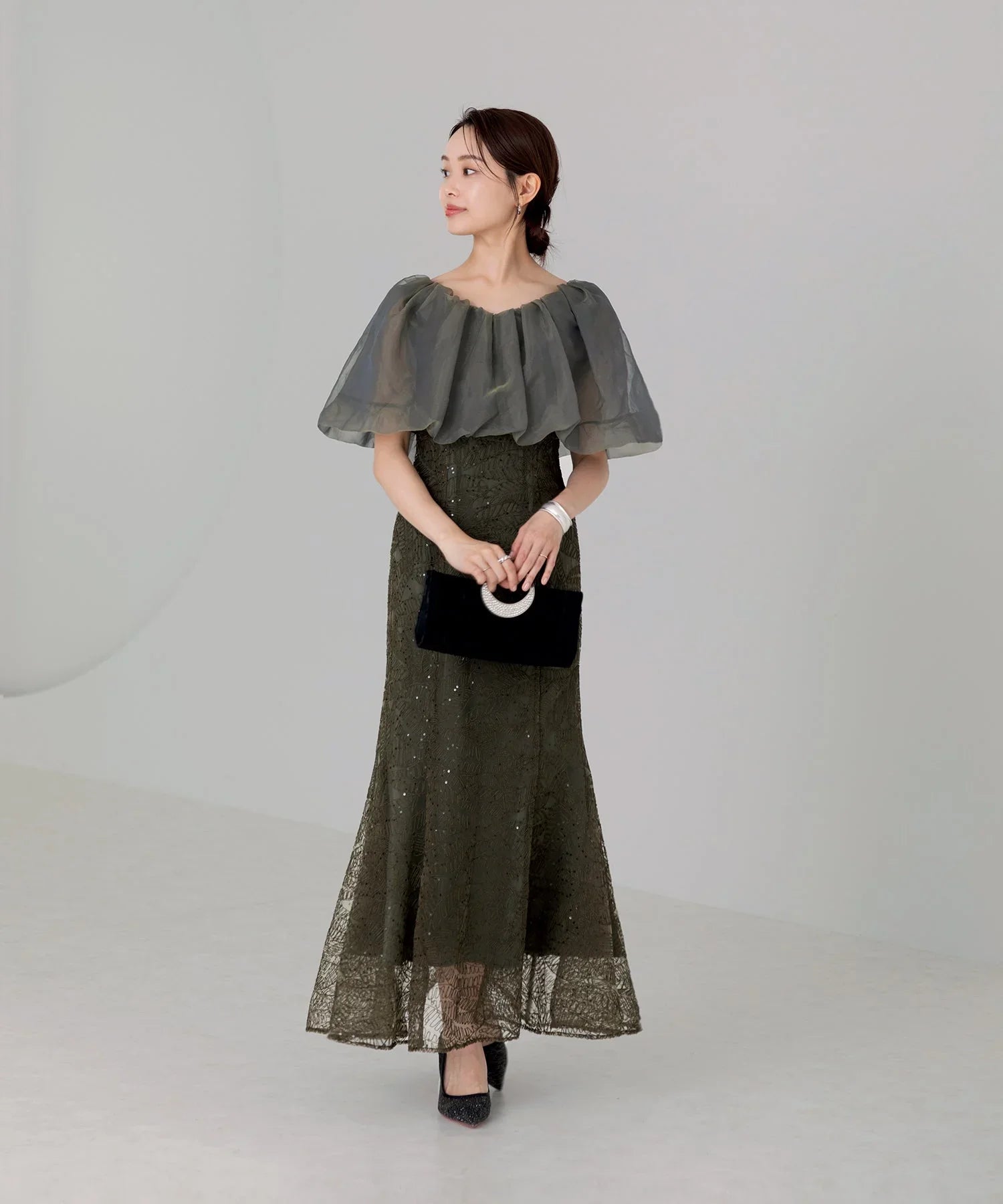 【当日発送】2WAYオフショルダーパフスリーブマーメイドワンピースドレス