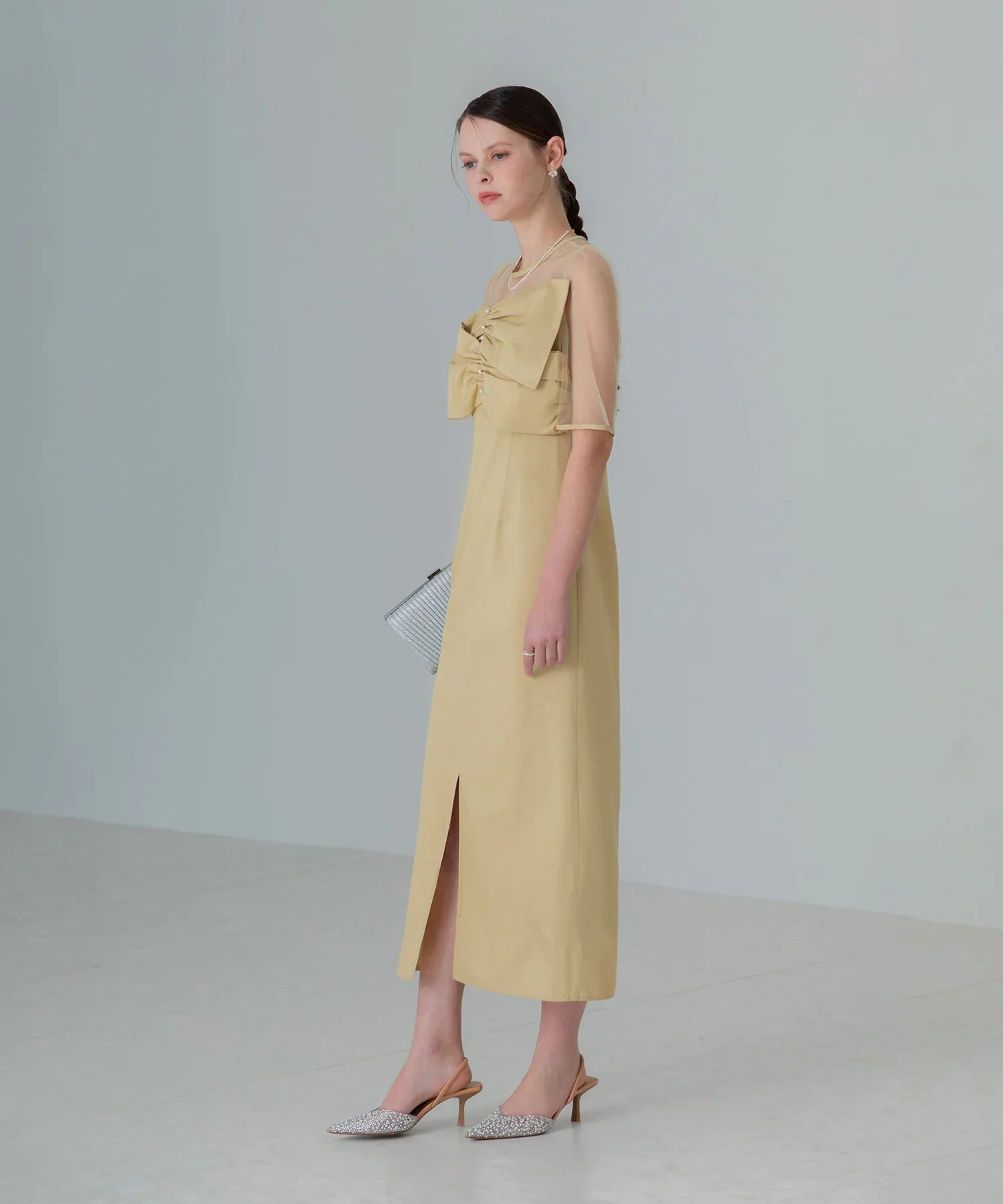 【当日発送】フロントプリーツシアースリーブIラインワンピースドレス